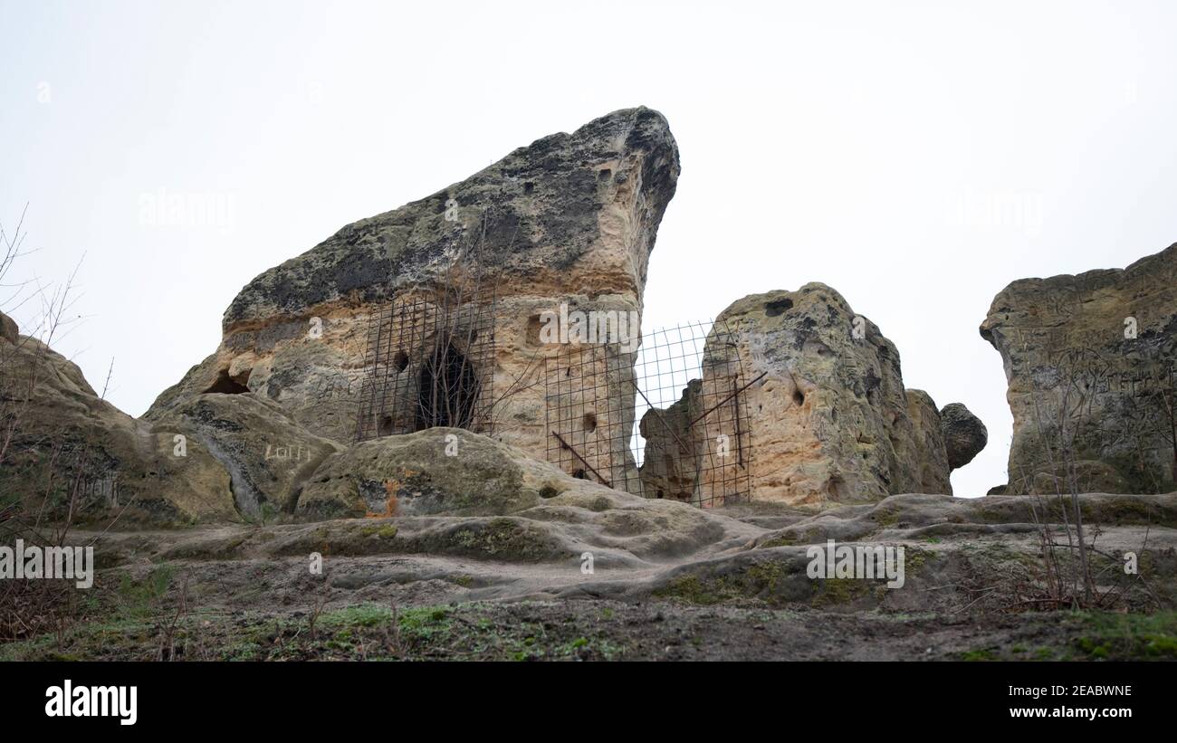 Deutschland, Sachsen-Anhalt, Halberstadt, Sandsteinfelsen in der Klusberge, Erosion Stockfoto