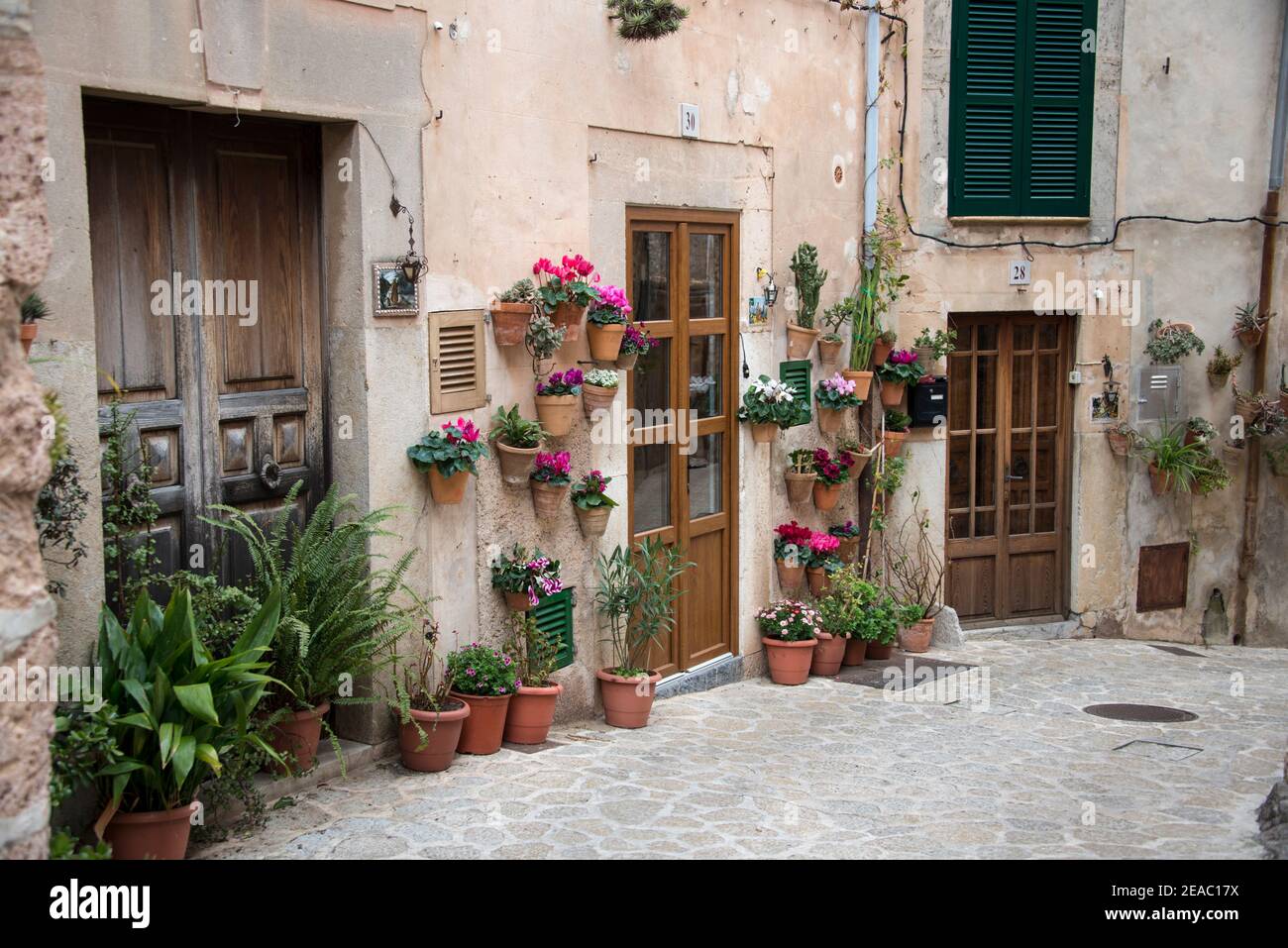Blumentöpfe an der Wand, Valldemossa, Mallorca Stockfotografie Alamy