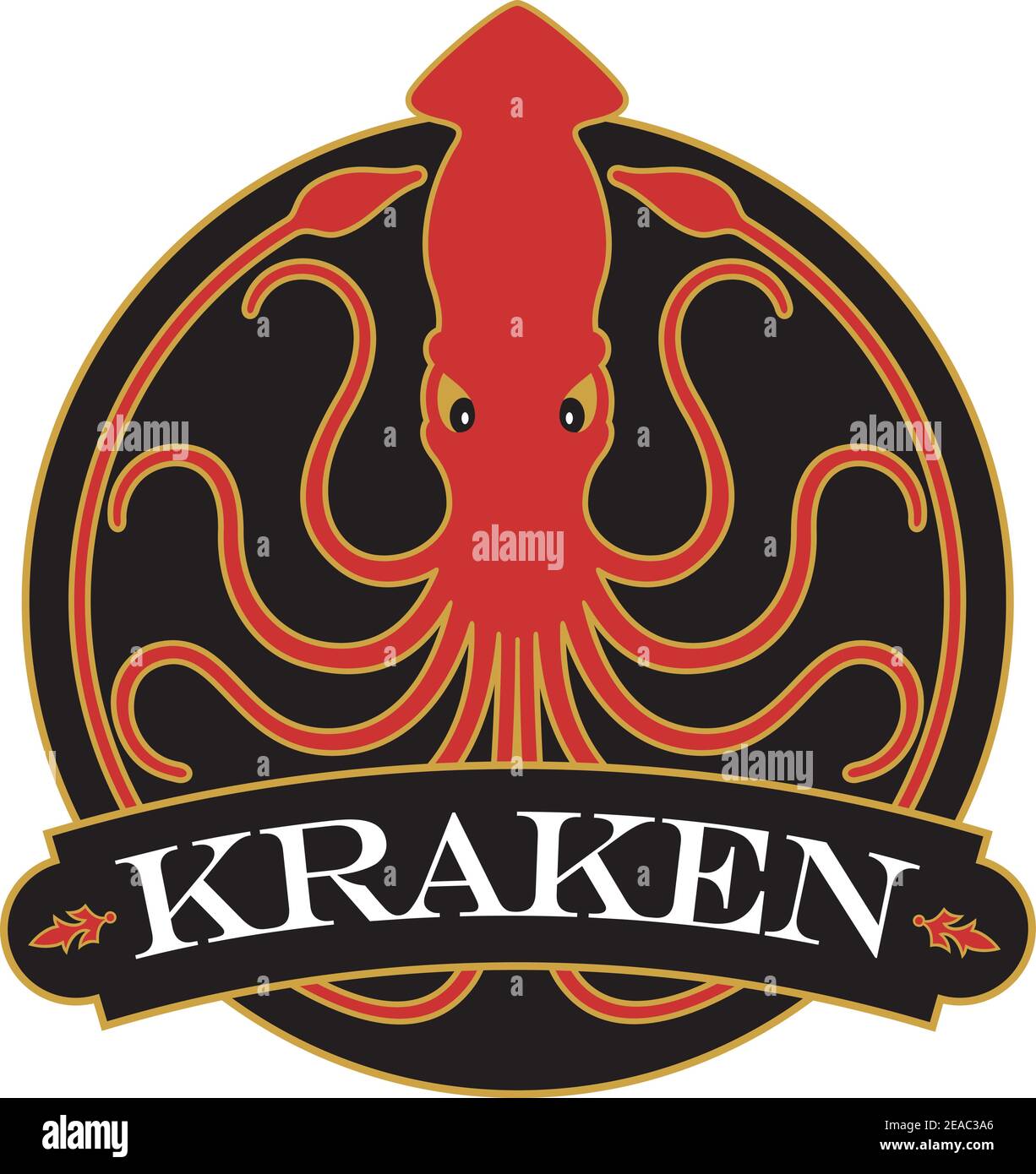 Kraken oder Giant Squid Abzeichen, Logo oder Emblem Design mit verzierten Banner. Vektor-Illustration mit 10 Lockenentakeln Schaffung Kreis-Design. Stock Vektor