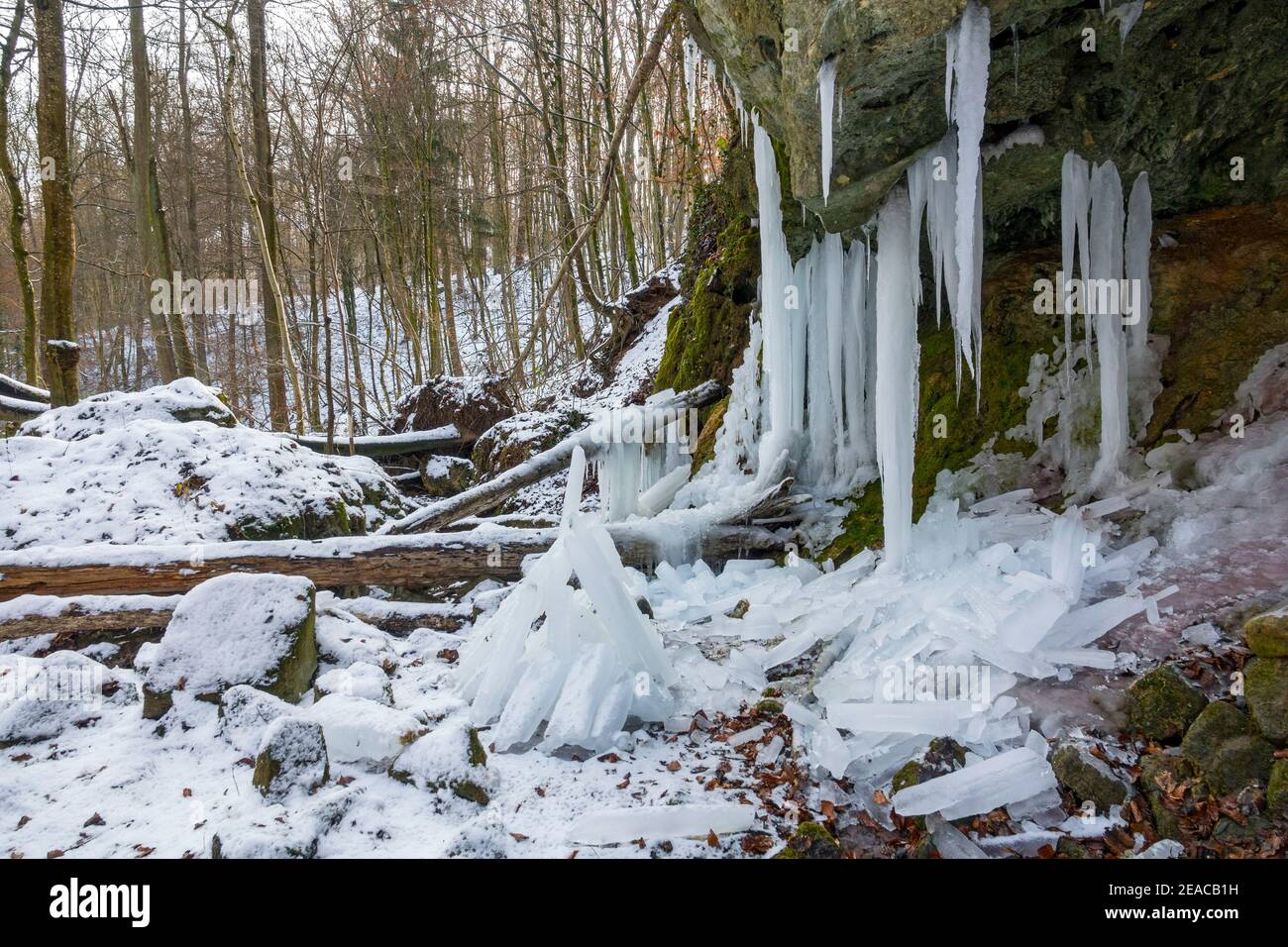 Deutschland, Baden-Württemberg, Reutlingen - Mittelstadt, gefrorener Wasserfall am Merzenbach. Stockfoto