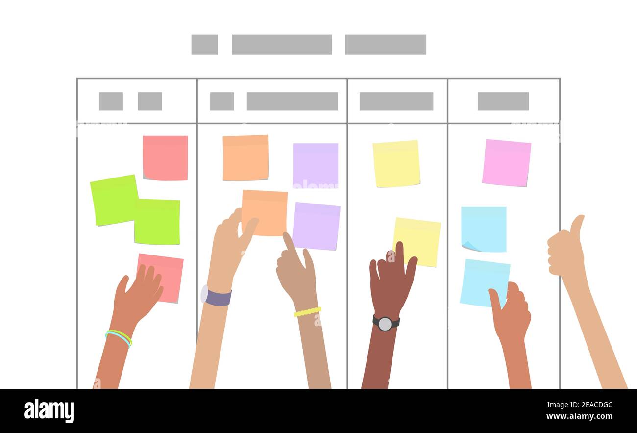 Multirassische Entwickler-Team arbeitet an Scrum Sprint Board zusammen und Organisieren von Projektaufgaben als flacher Vektor Stock Vektor