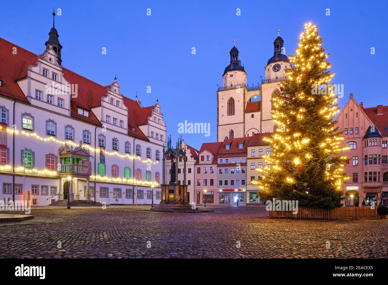 Marktplatz mit Weihnachtsbaum, Rathaus und St. Marien Stadtkirche in Luherstadt Wittenberg, Sachsen-Anhalt, Deutschland Stockfoto
