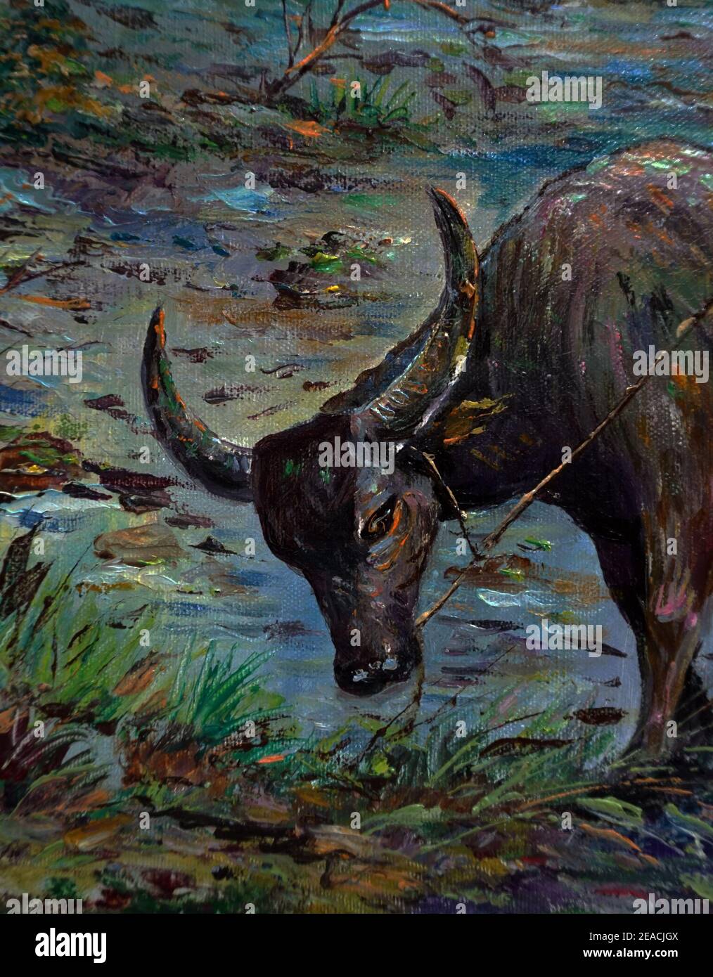 Kunst, Malerei, Ölfarbe, Hut, Nordosten, Thailand, Landschaft, Büffel Stockfoto