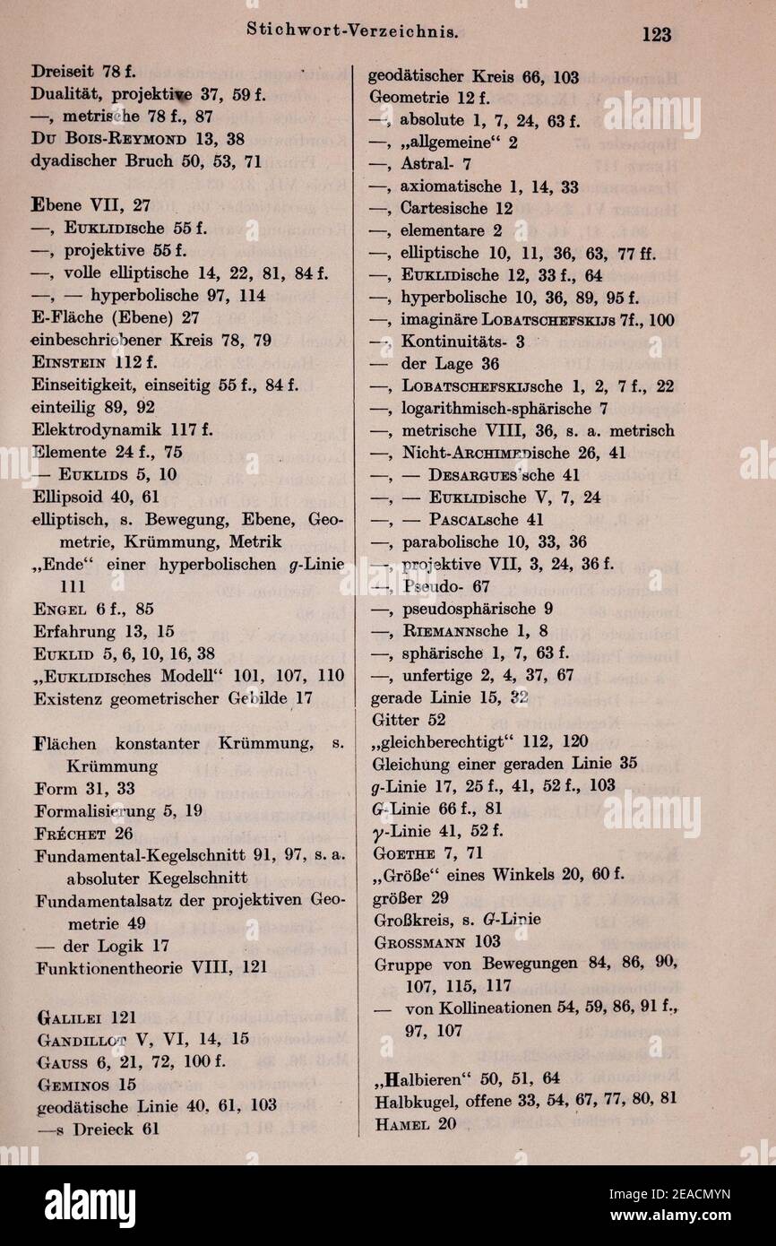 Nichteuklidische Geometrie von Hans Mohrmann Stichwortverzeichnis 2. Stockfoto