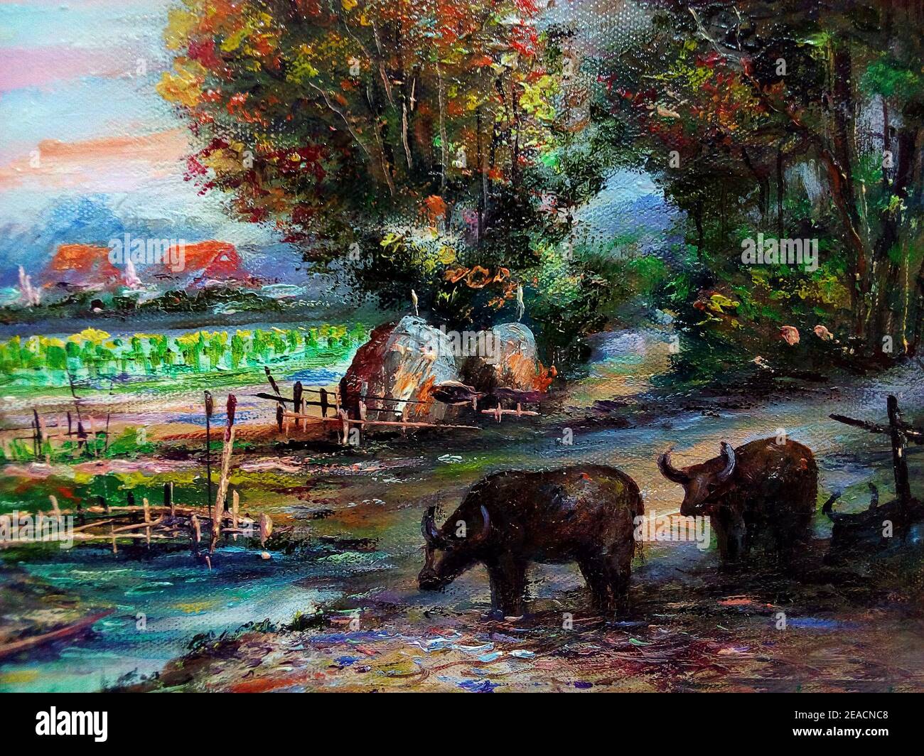 Kunst, Malerei, Ölfarbe, Hut, Nordosten, Thailand, Landschaft, Büffel Stockfoto