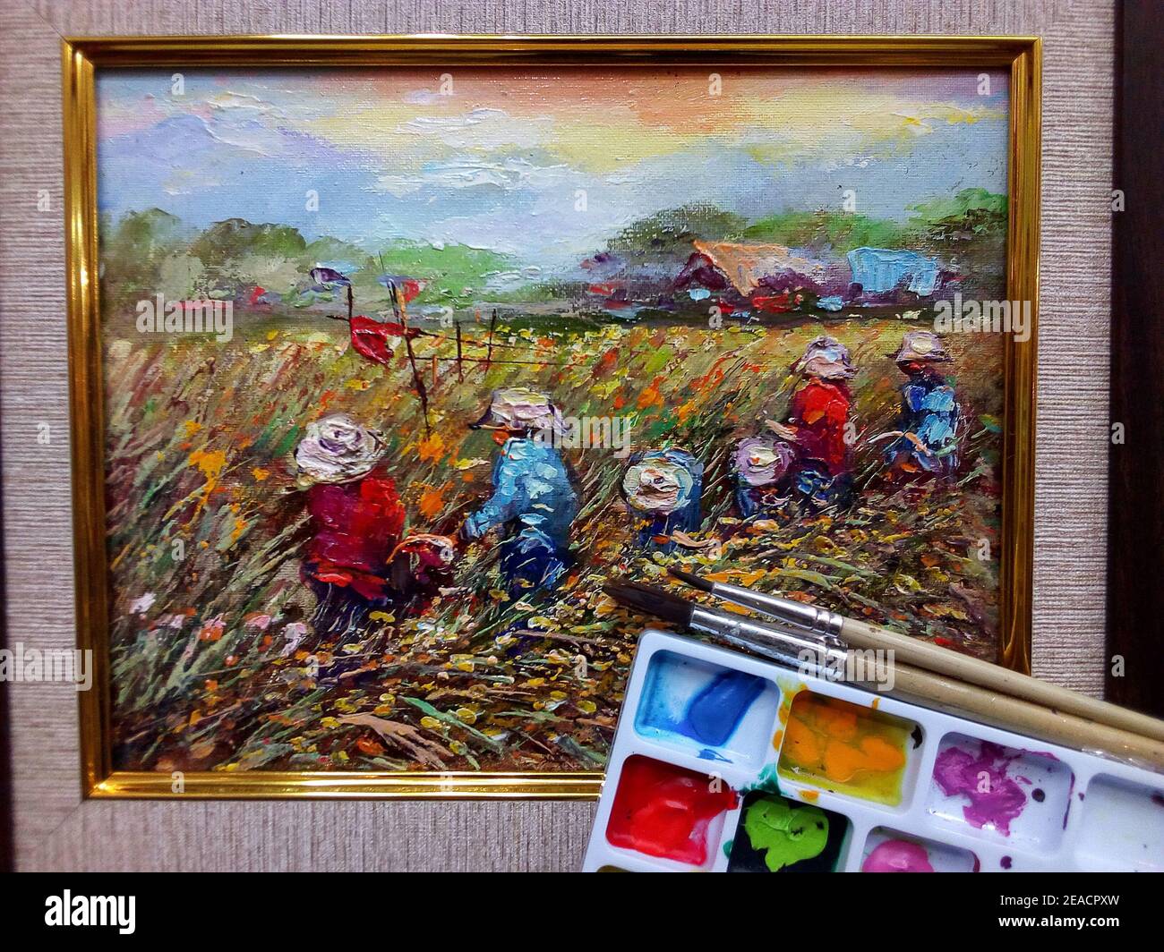 Kunstgemälde Ölfarbe Ernte Reis Landschaft in den Provinzen Thailand auf Leinwand Stockfoto
