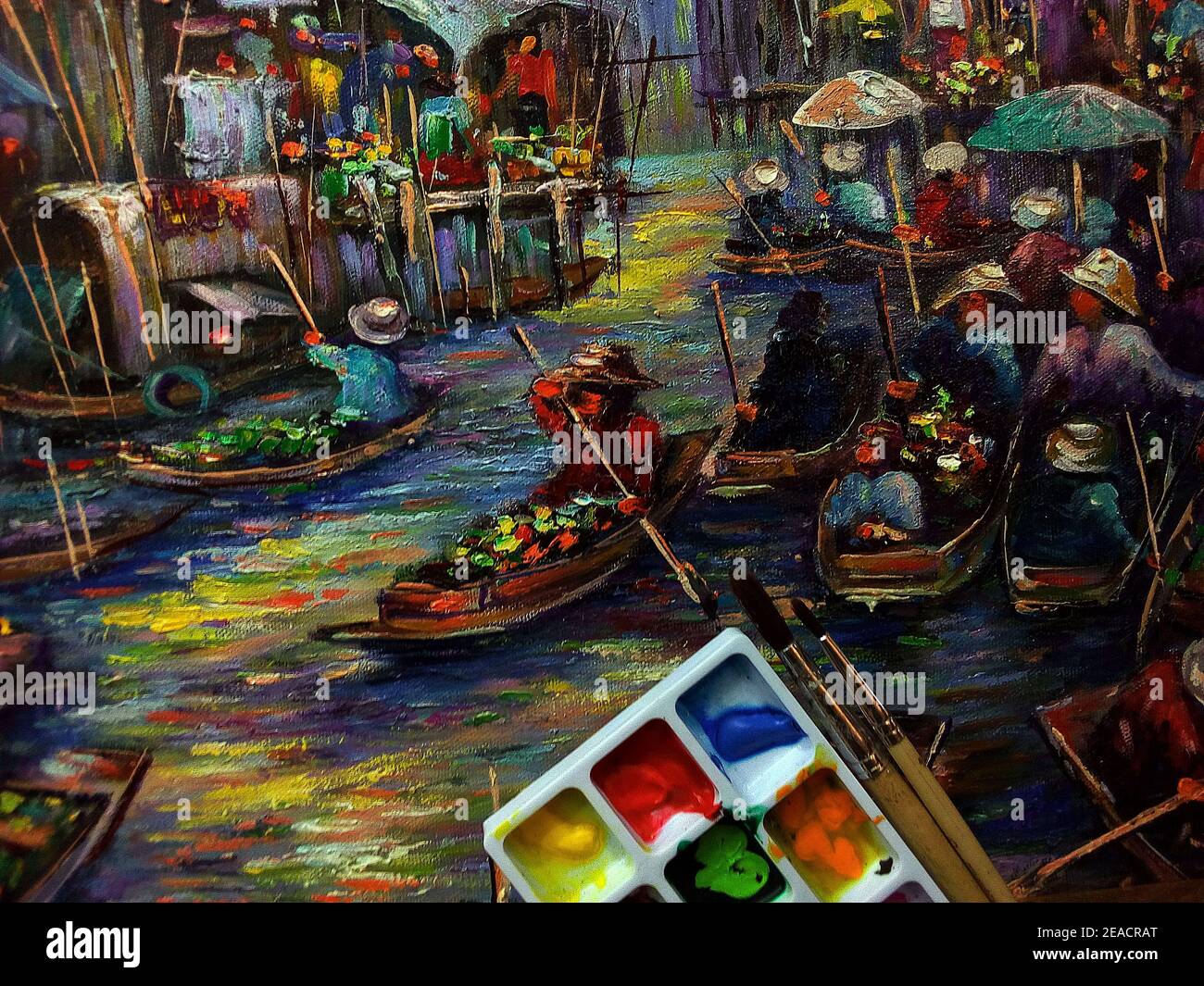 Kunst, Malerei, Ölfarbe, schwimmender Markt, Dumnoen saduak Stockfoto