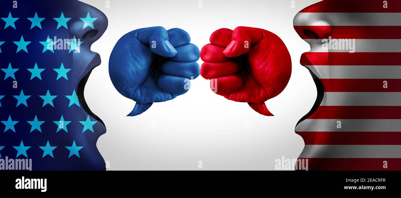 Amerikanische Krise und US-Debatte oder US-soziale Fragen Argument und politischen Krieg als Kulturkonflikt mit zwei gegensätzlichen Seiten als konservativ. Stockfoto