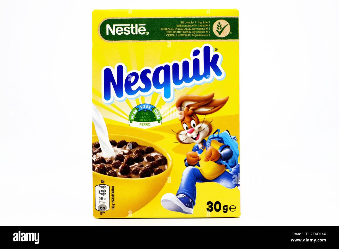 NESQUIK Nestlé Getreidekarton Stockfoto