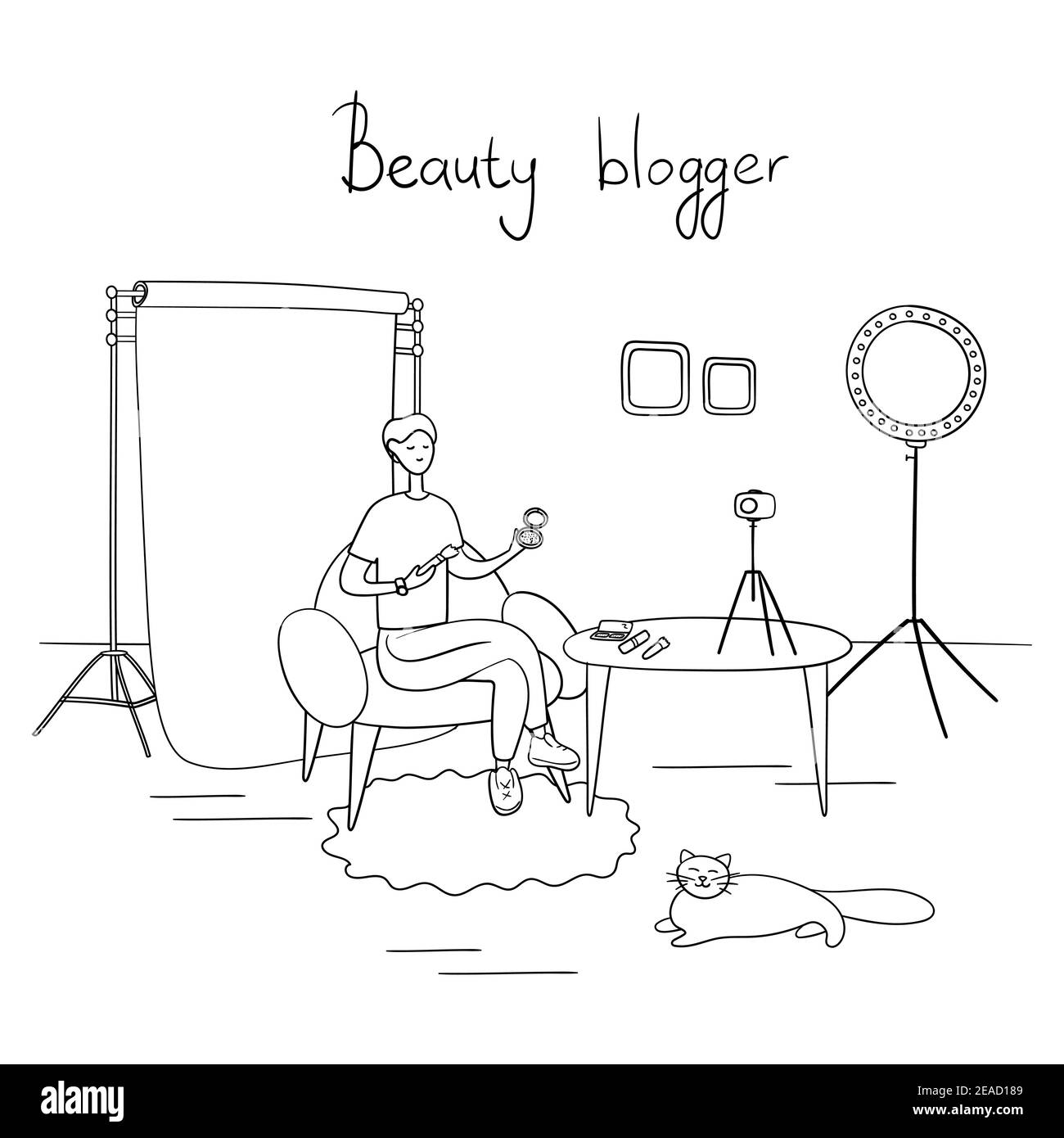 Beauty-Blogger. Junger Mann nimmt Video auf. Make-up-Künstler Bewertungen Kosmetik auf seinem Blog. Handgezeichnete Vektorgrafik im Cartoon-Stil Stock Vektor
