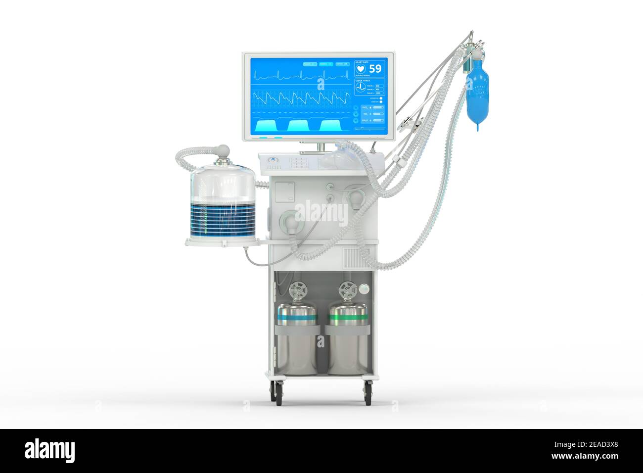 ICU künstlicher Lungenventilator mit fiktivem Design, isometrische Ansicht isoliert auf weiß - Kampf Coronavirus Konzept, medizinische 3D-Illustration Stockfoto