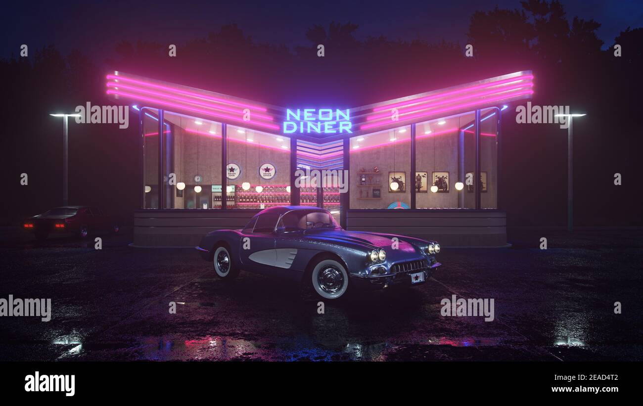 Neon Diner und Retro Auto spät in der Nacht. Nebel, Regen und Farbreflexe auf Asphalt. 3D Abbildung Stockfoto