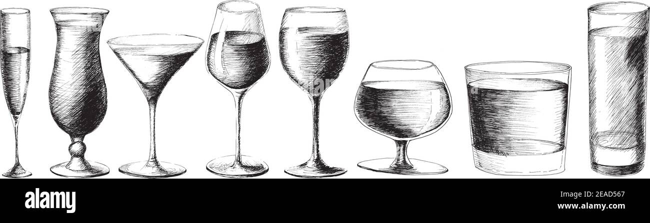 Vektor monochrome Set Skizze Stil Illustration von Hand gezeichneten Weingläser isoliert auf weißem Hintergrund. Cocktail, Wein, Champagner, martini, Brandy, wh Stock Vektor