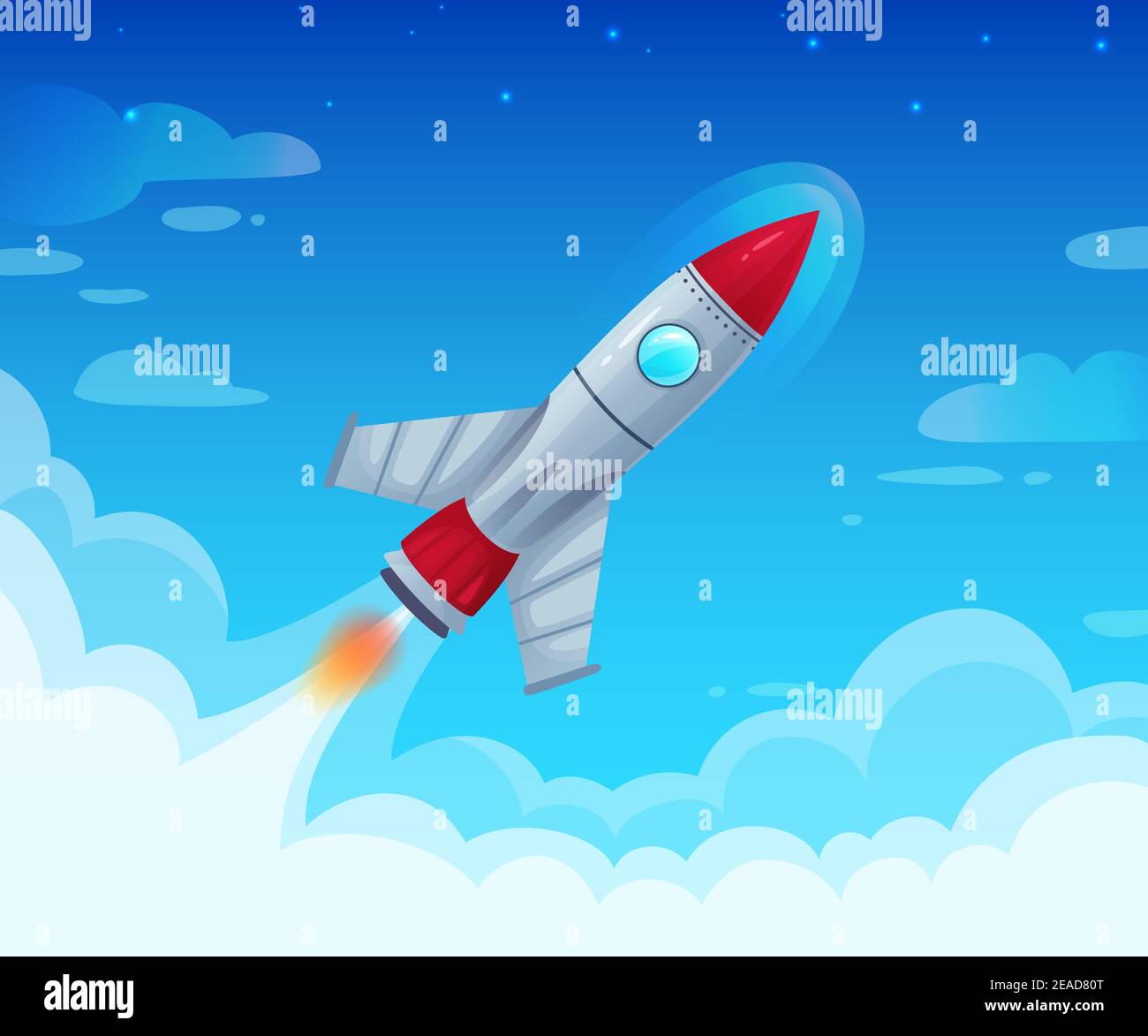 Fliegendes Raumschiff mit Flamme. Start neuer Business-Projekt oder Startup-Idee. Schneller Raketenflug am Himmel Stock Vektor