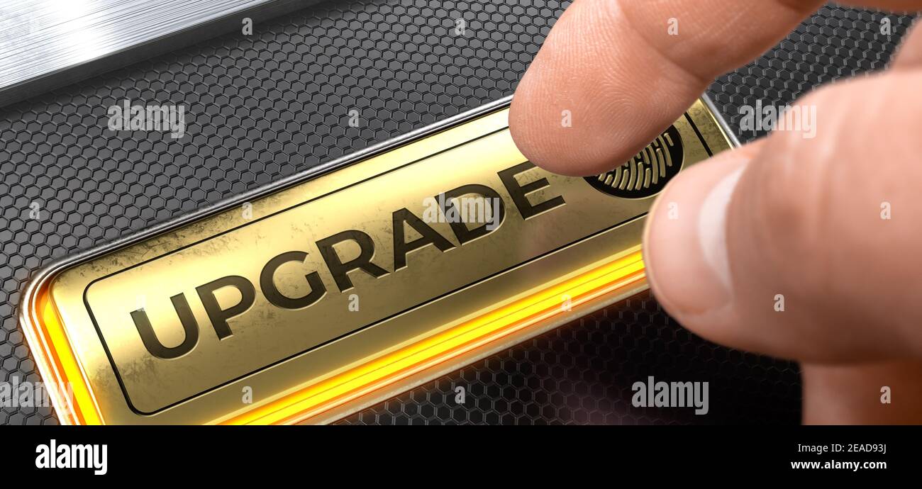 Upgrade geschrieben auf Golden Button von Conceptual Keyboard. Upgrade-Taste auf der futuristischen Tastatur. 3D Abbildung. Stockfoto
