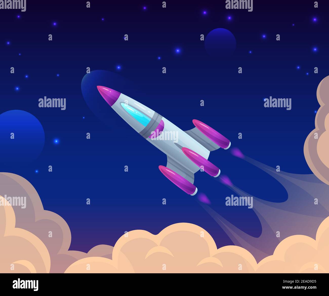 Raketenstart zwischen Wolken und Himmel. Cartoon Raumschiff Flug im Kosmos. Galaxy unterwegs. Startprojekt Stock Vektor