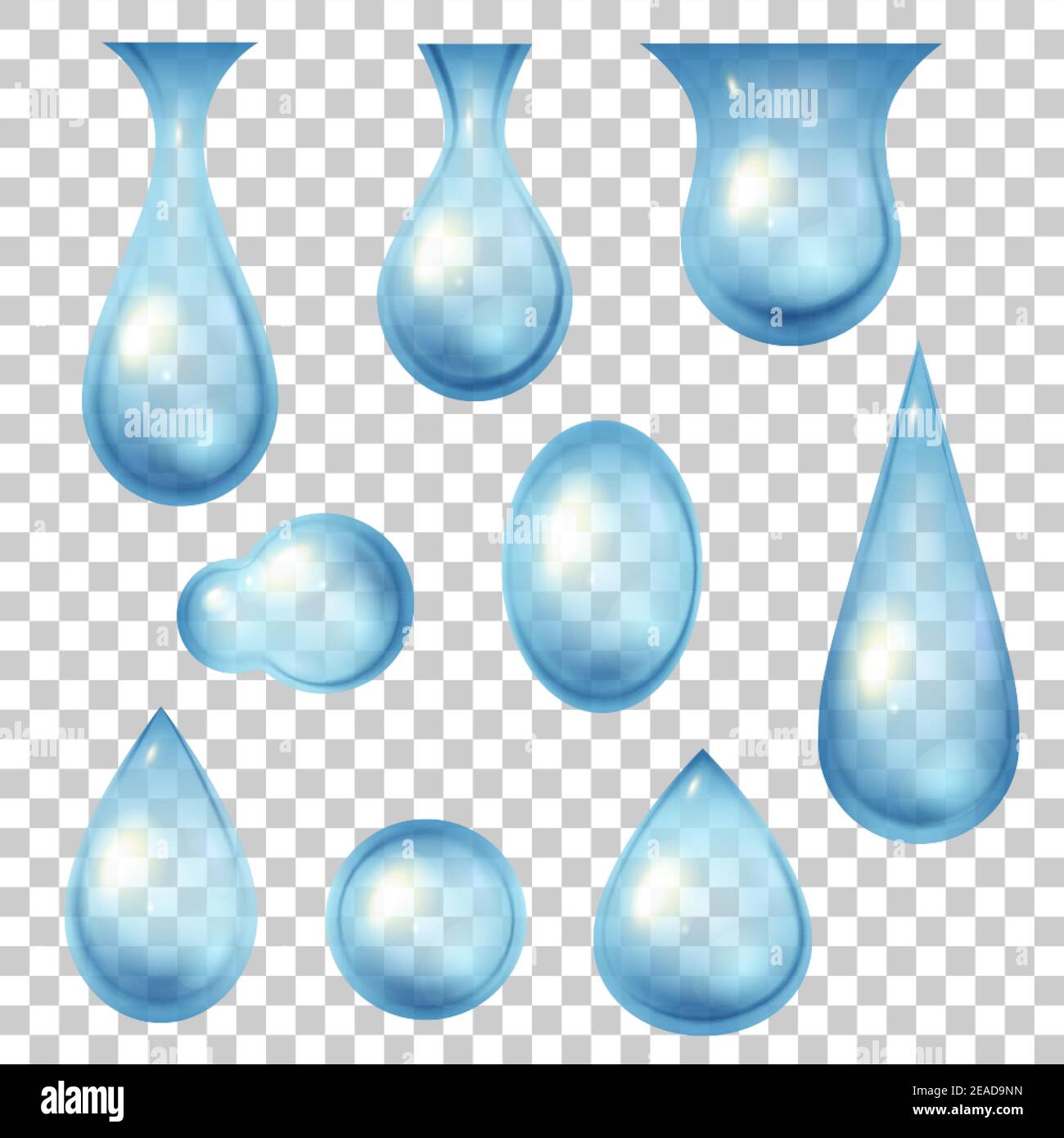 Wassertropfen und Blasen. 3D realistische, frische blaue Droplet-Symbole. Tau, Tau oder Regentropfen. Natur saubere flüssige Formen. Freshness Logo Vektorset Stock Vektor