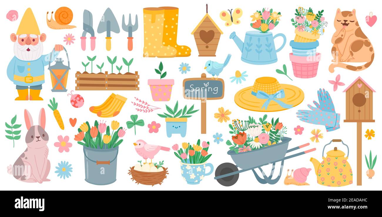 Federelemente. Blühende Blume, niedliche Tiere und Vögel. Frühling Gartendekoration, Vogelhaus, Werkzeug und Pflanzen, gezeichnet Cartoon-Vektor-Set Stock Vektor