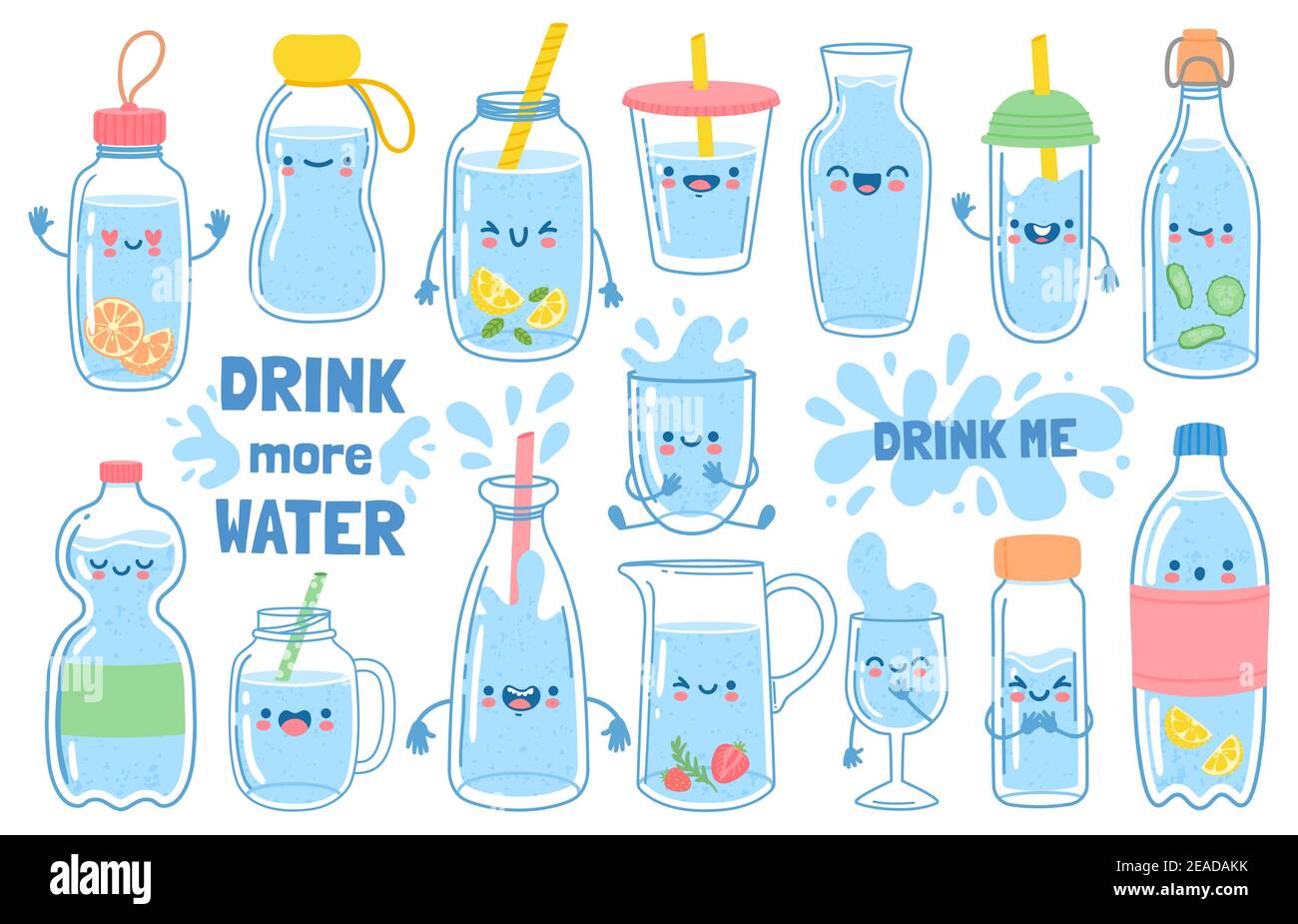 Trinken Sie mehr Wasser. Flaschen, Glas und Krug mit lustigen Comic-Gesichtern. Detox Wasser mit Zitrone und Minze. Motivation für die Gesundheit Gewohnheit Vektor-Set Stock Vektor