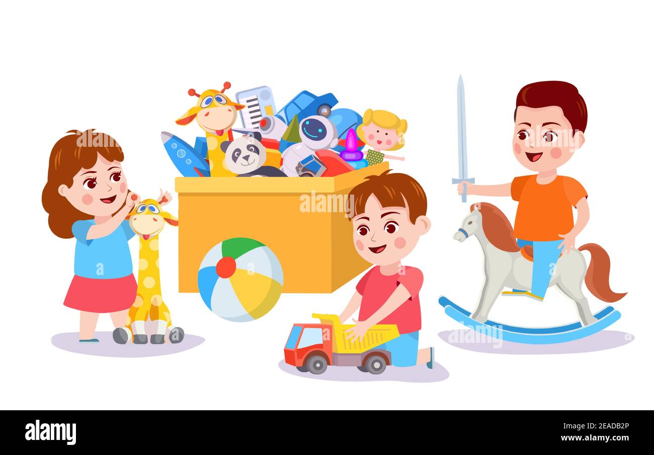 Kind spielt mit Spielzeug. Kinder und Box mit Spielzeugautos, Blöcken und Bär. Junge spielen vorgeben auf Schaukelpferd. Kinder Aktivität Vektor-Konzept Stock Vektor