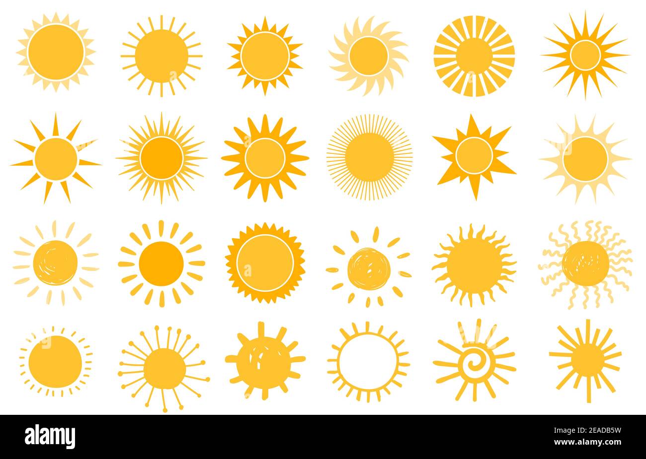 Cartoon-Sonnensymbol. Flache und handgezeichnete Sommer-Symbole. Logo in Sunshine-Form. Morgen Sonne Silhouetten und sonnigen Tag Wetter Elemente Vektor gesetzt Stock Vektor