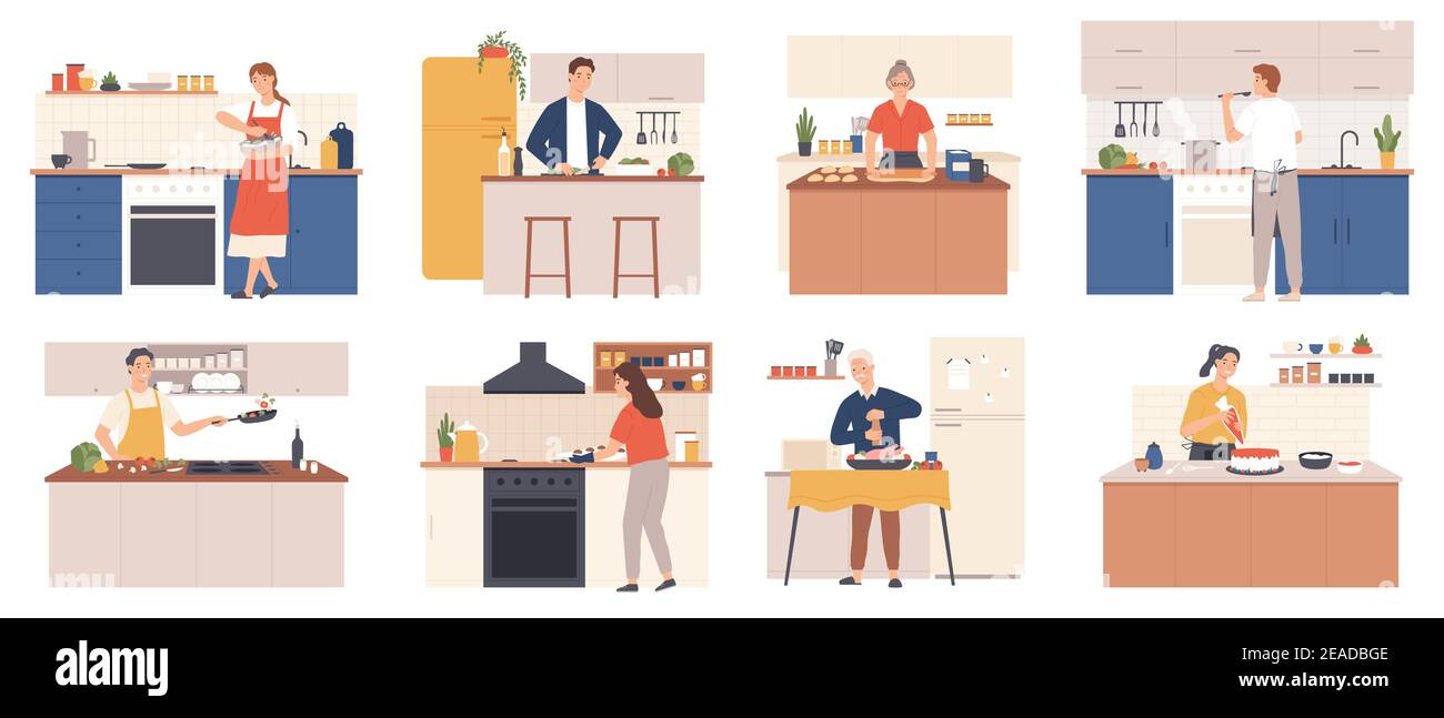 Menschen kochen zu Hause. Männer und Frauen, die in der Küche kochen. Charaktere backen, braten und kochen Mahlzeit. Cartoon kulinarische Vektor-Set Stock Vektor