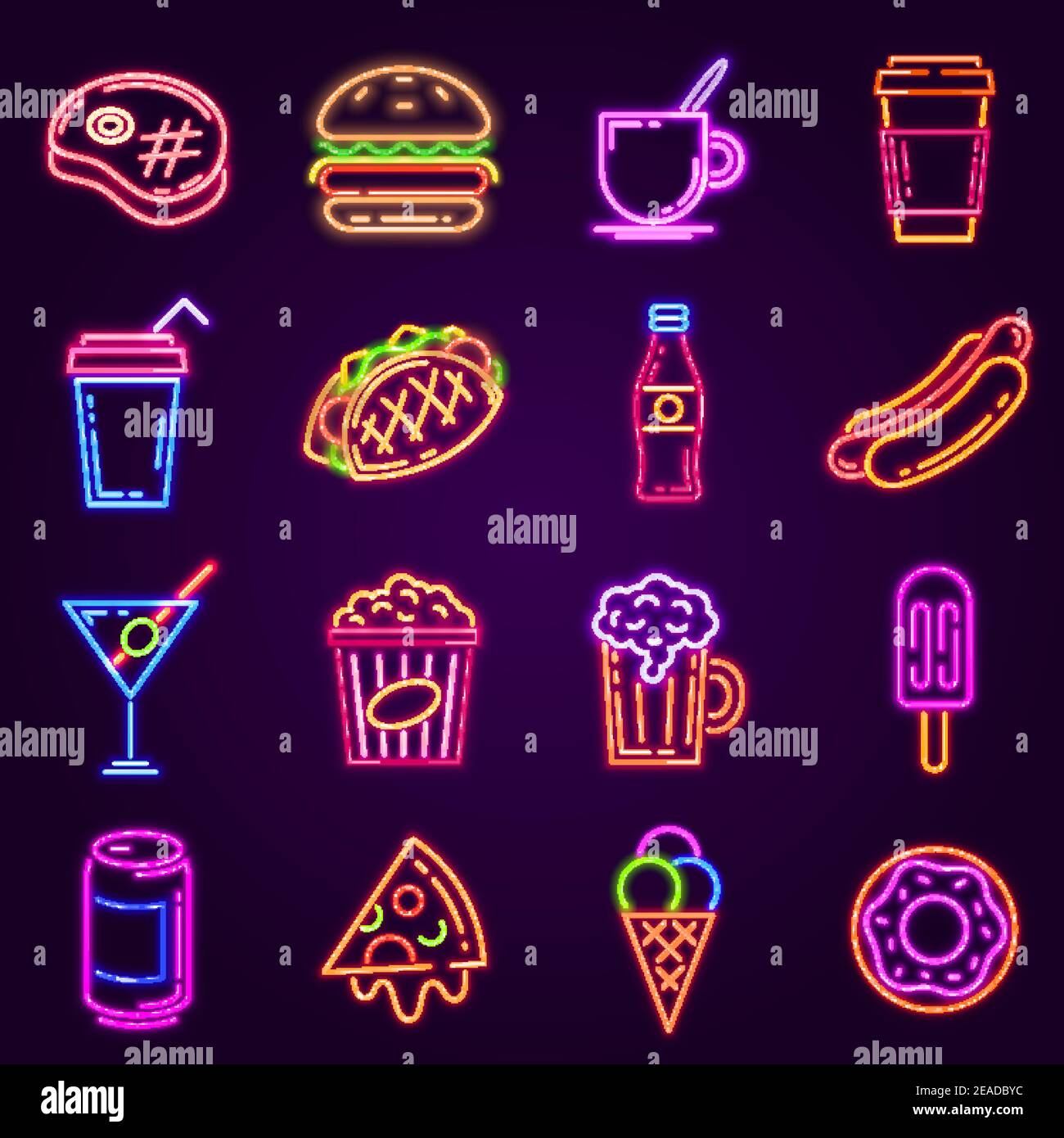 Neon Fast Food. Leuchtende Ikone für Cafe und Bar Straßenschild mit Burger, Popcorn, Hot Dog, Kaffee und Pizza. Cocktail und Bier Club Vektor-Set Stock Vektor