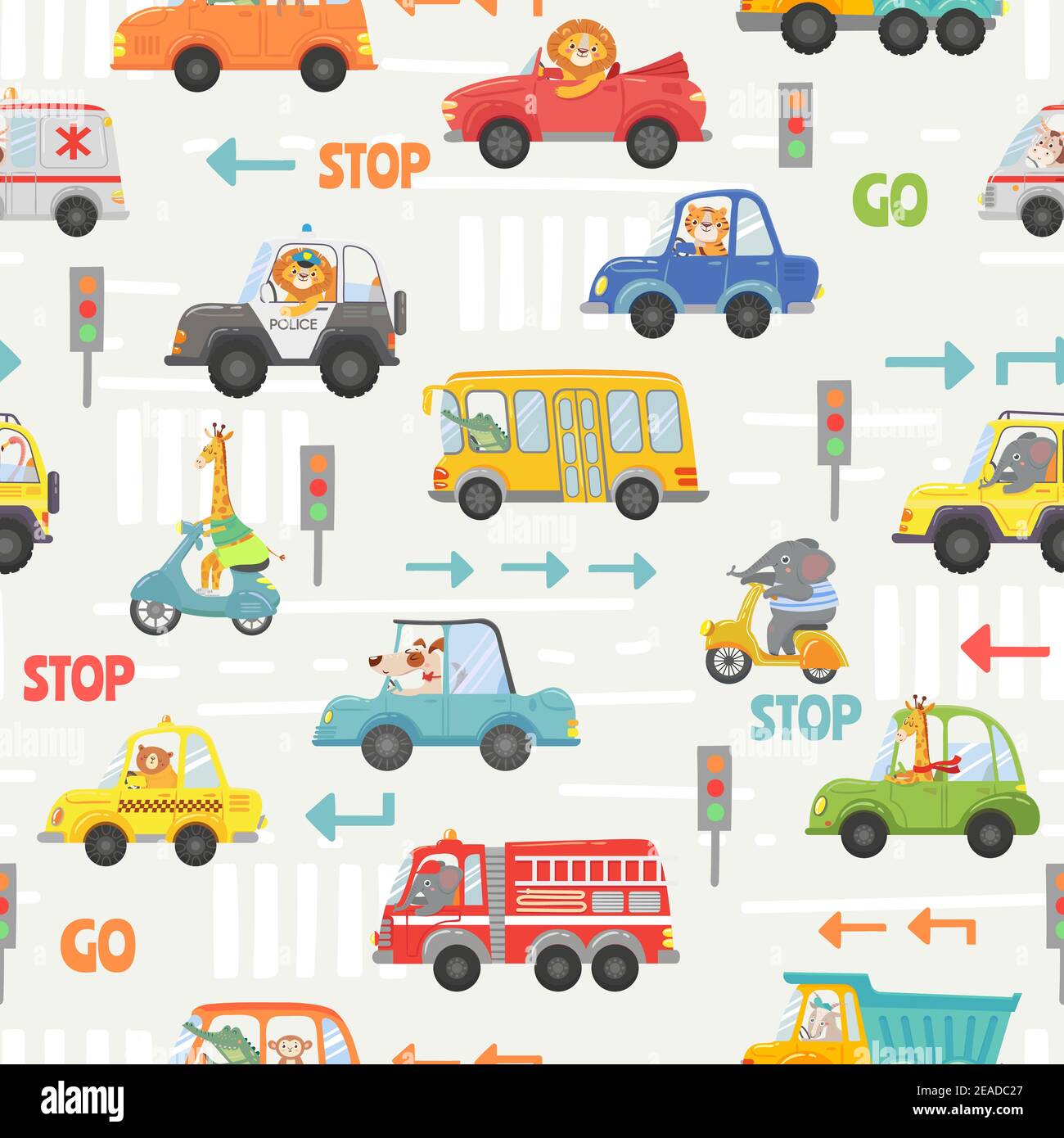 Tiere im Transport nahtlose Muster. Kind Cartoon Autos, Bus, Polizei und Fahrrad mit Tierfahrer. Vektor-Textur mit Straßenverkehr und Schilder Stock Vektor
