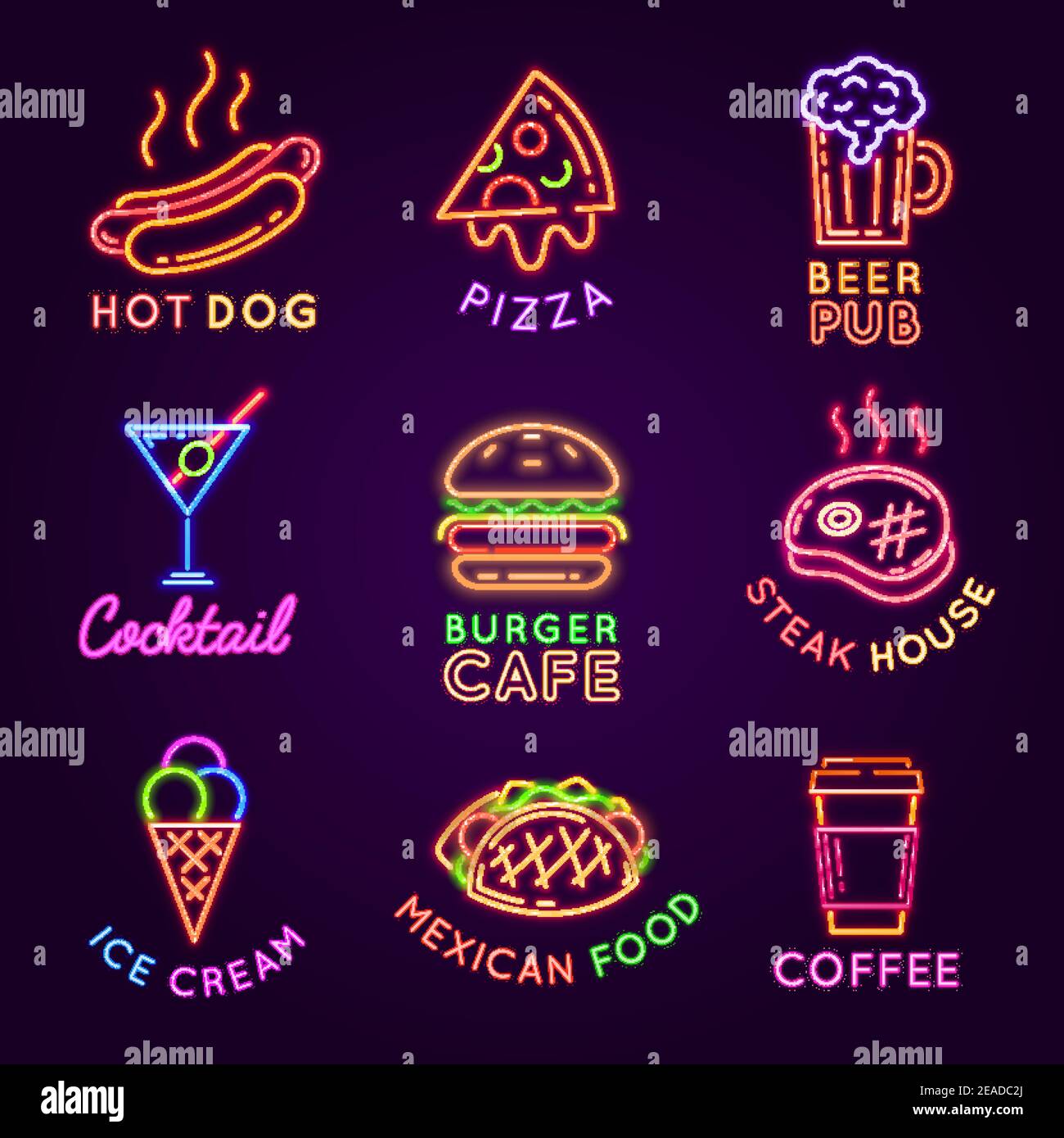 Cafe Neonschilder. Essen und Trinken Leuchtende Werbetafeln. Burger und Pizza Restaurant, Bier Pub, Steak House und Kaffee Bar Zeichen Vektor-Set Stock Vektor