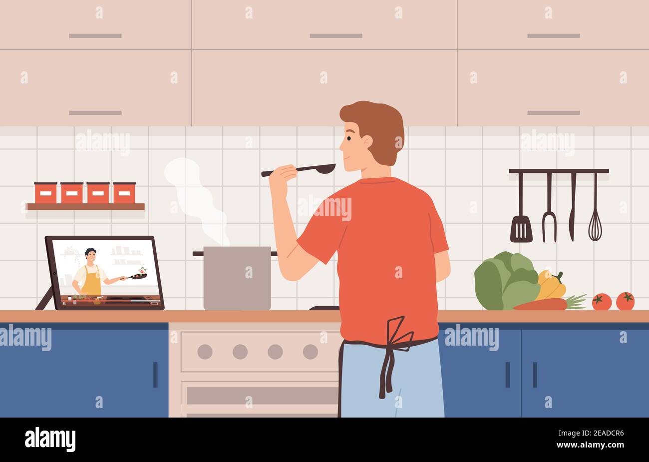 Video-Rezept ansehen. Mann Kochen in der Küche mit Online-Koch-Kurse. Zubereitung von Essen durch Tutorial, Abstand Lernen zu Hause Vektor-Konzept Stock Vektor
