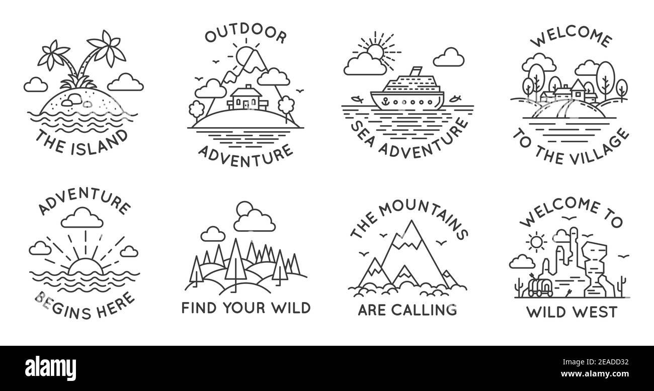 Abzeichen der Adventure Line. Outdoor Reise Logos und Embleme mit Berg, Hütte im Wald, tropische Insel, Dorf und Ozean Liner, Vektor-Set Stock Vektor