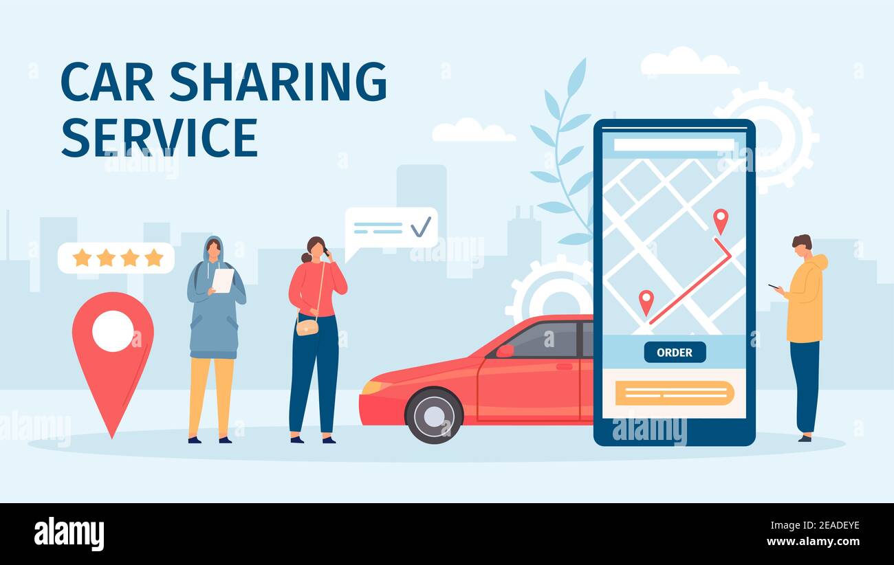 Carsharing-Service. Großer Smartphone-Bildschirm mit Handy-App und Menschen, die Autos zum Teilen oder Mieten bestellen. Flat Online Carsharing Vektor-Konzept Stock Vektor
