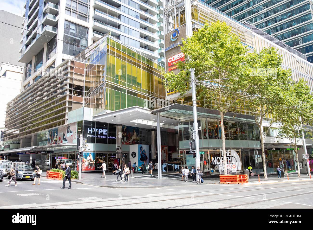 Sydney World Square Mischnutzung Entwicklung von Büros und Einzelhandel in der Innenstadt, Coles Supermarkt und Hype Stores, die Nordwand, Sydney, Australien Stockfoto