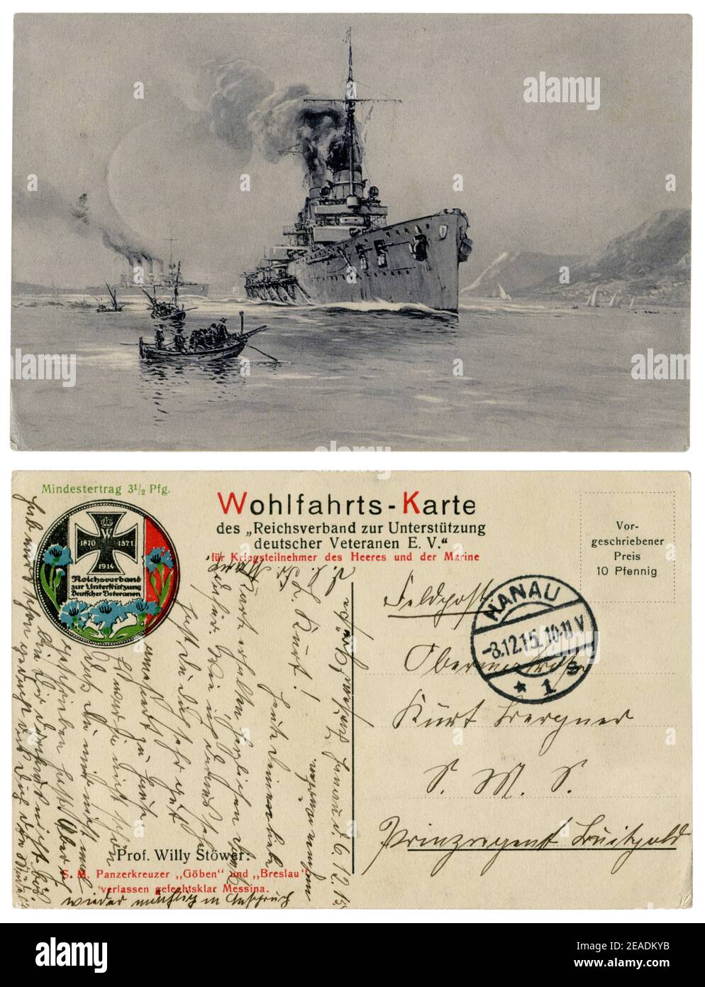 Historische Postkarte: Moltke-Klasse Schlachtschiff SMS Goeben (1911) und Magdeburger Kreuzer SMS Breslau (1911), 1. Weltkrieg 1914-1918. Stockfoto