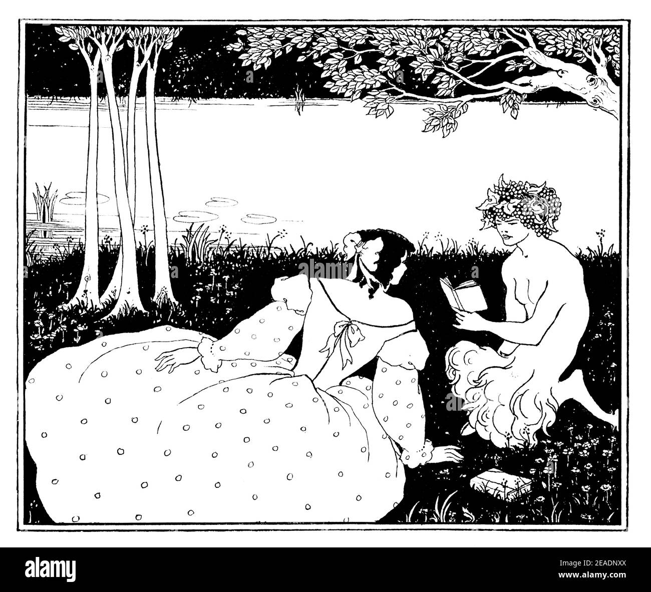 Gelbes Buchcover-Design, Pan Reading to Woman in Woodland von Aubrey Beardsley in 1898 Band 13 des Studio an Illustrated Magazine of Fine and App Stockfoto