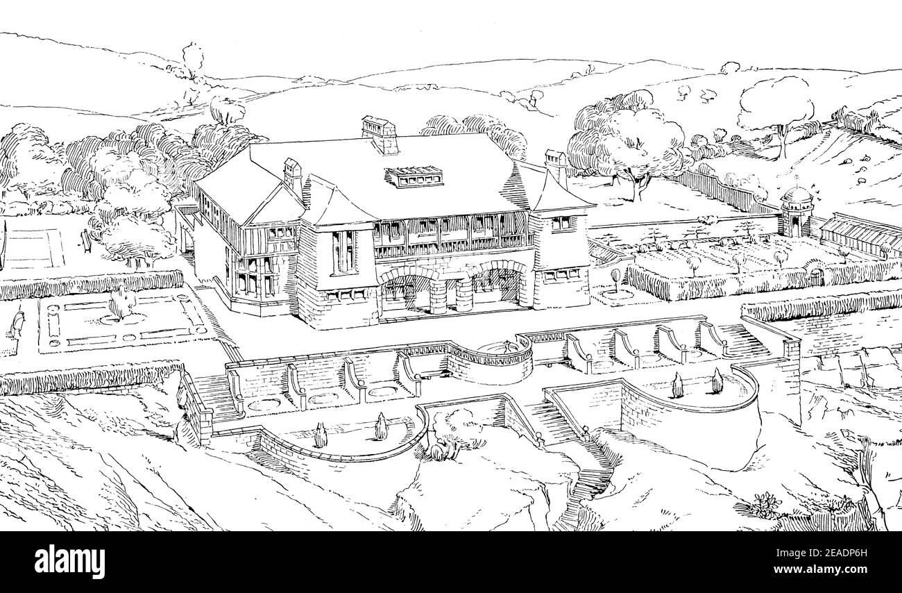 Architektur, Cliff Towers, Salcombe Devon, Front-und Terrassengarten mit Blick auf das Meer Design von Architekt C Harrison Townsend in 1898 Band 13 der Stockfoto