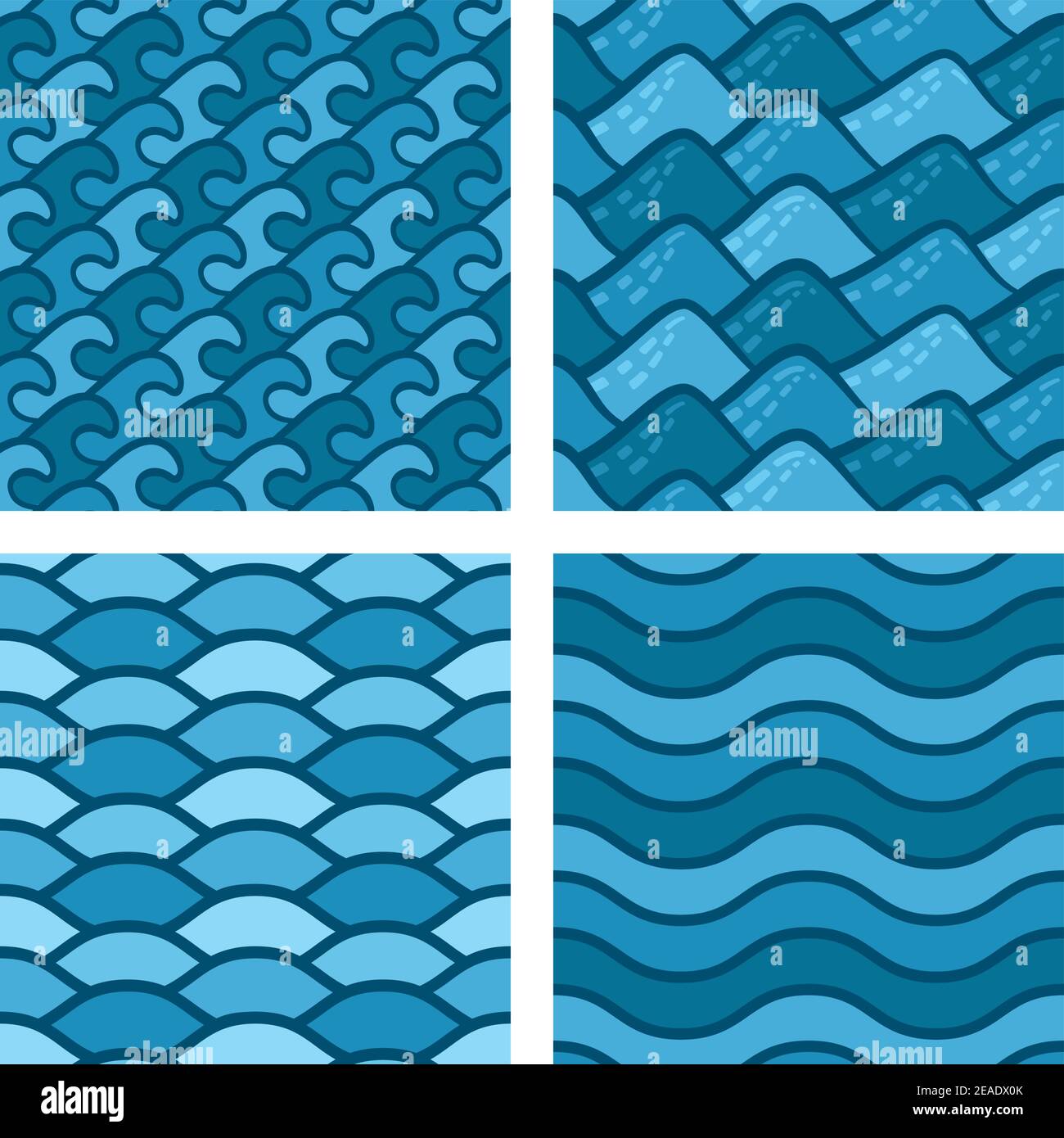 Vier verschiedene nahtlose Mustervektoren mit Wellen. Stock Vektor