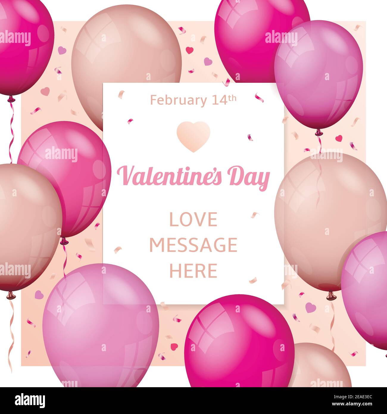 Valentinstag Illustration von fliegenden Luftballons, Papier-Banner und Konfetti-Teilchen. Vektor EPS10. Stock Vektor