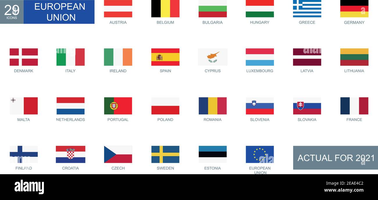 Set mit allen Flaggen europäischer Länder in rechteckiger Form Mit Beschreibung - Vektorgrafik Stock Vektor