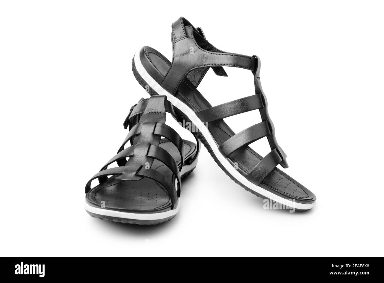 Schwarze weibliche Sandalen auf weißem Hintergrund isoliert Nahaufnahme Vorderansicht, stilvolle Frau Sandale Schuhe mit Trägern, Paar Mode Leder Sommer Sandalen Stockfoto