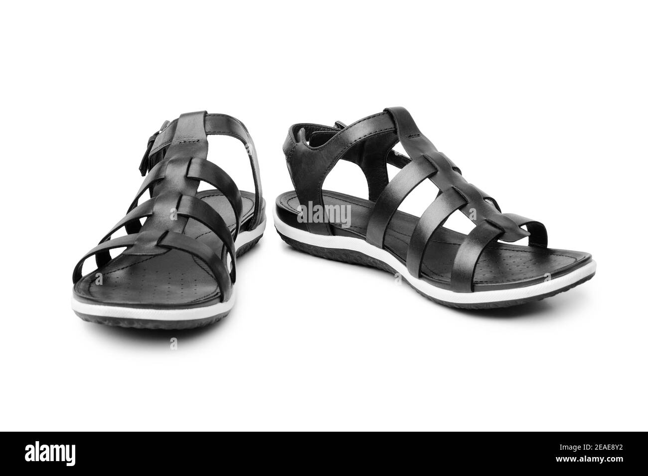 Schwarze weibliche Sandalen auf weißem Hintergrund isoliert Nahaufnahme Vorderansicht, stilvolle Frau Sandale Schuhe mit Trägern, Paar Mode Leder Sommer Sandalen Stockfoto