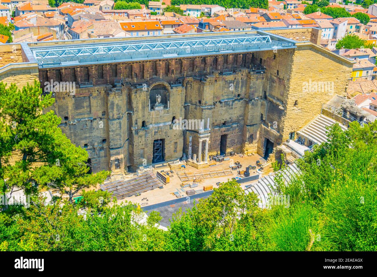 Luftaufnahme des römischen Amphitheaters in Orange, Frankreich Stockfoto