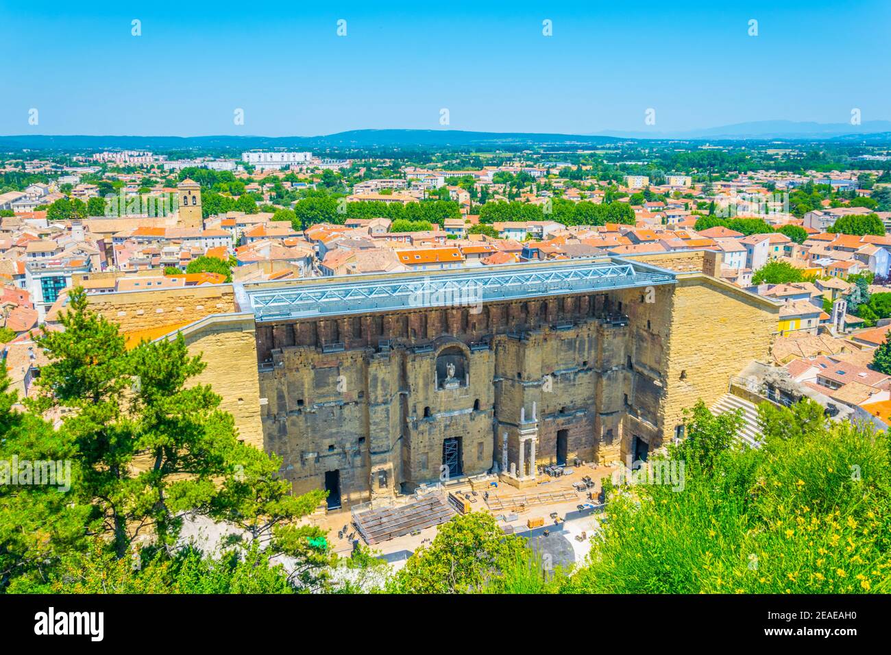 Luftaufnahme des römischen Amphitheaters in Orange, Frankreich Stockfoto