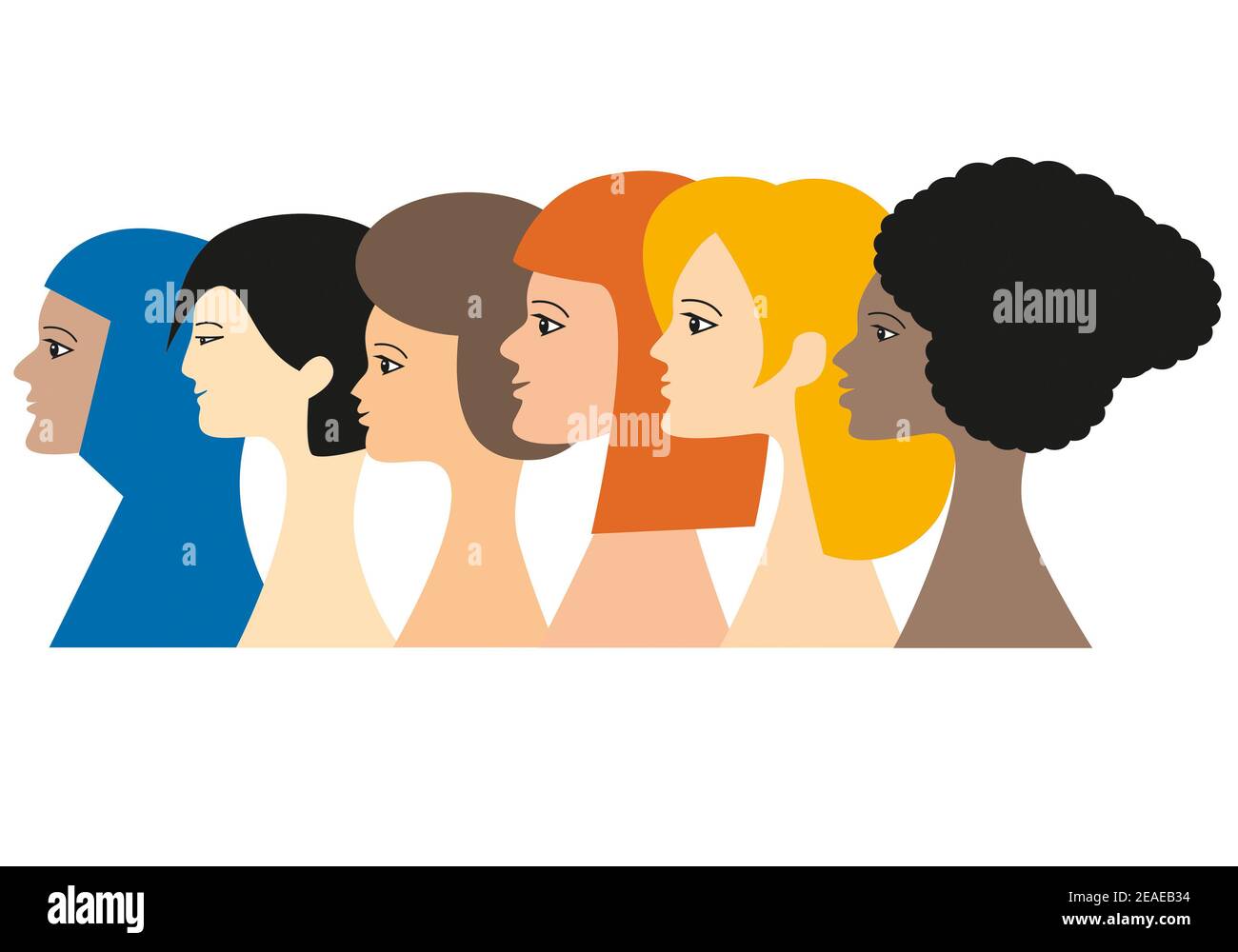 Porträts einer Gruppe von 6 Frauen, die die Kontinente der Welt repräsentieren. Konzept der multiethnischen Vielfalt. Abbildung isoliert auf weißem Hintergrund. Stockfoto