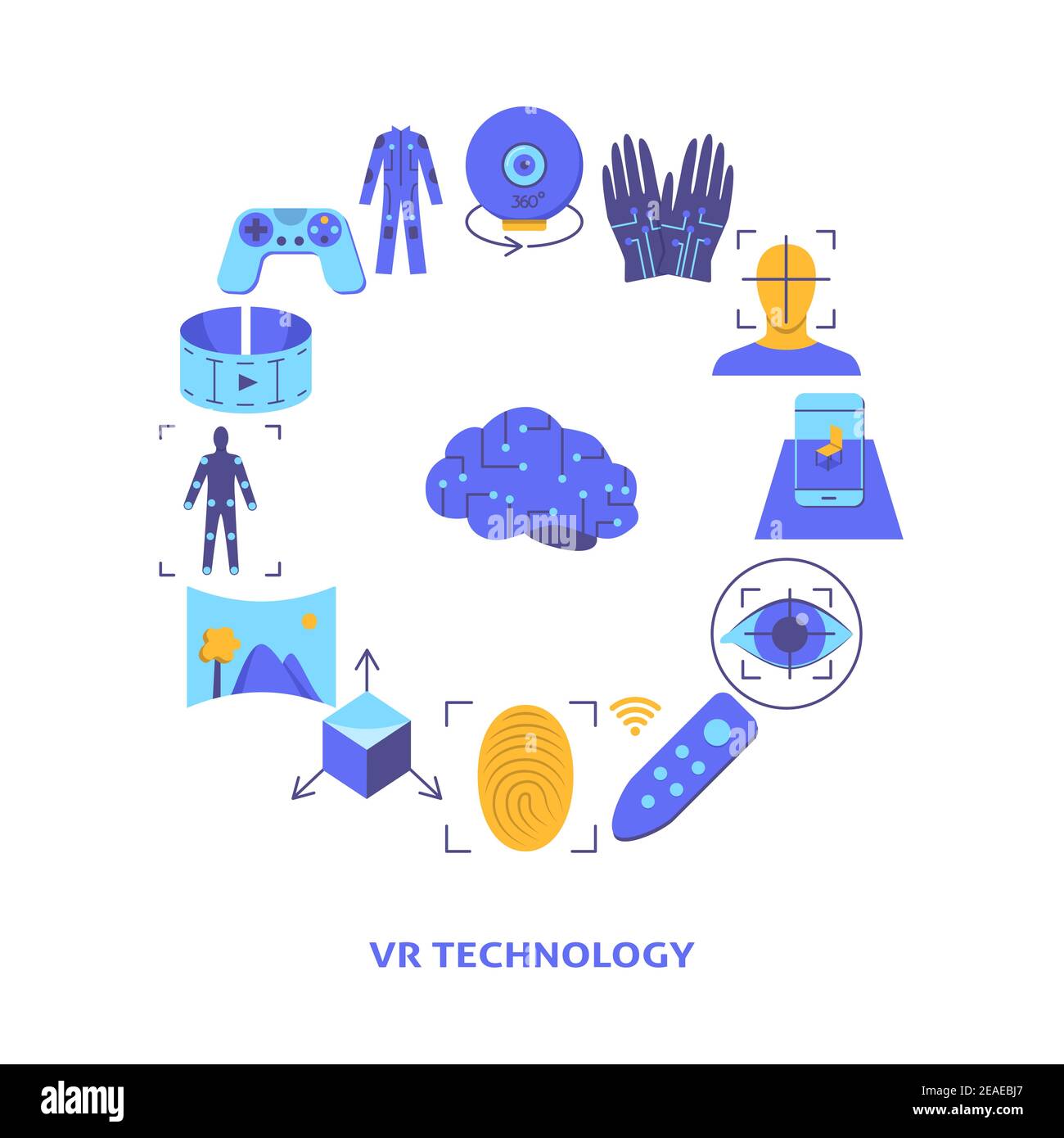 Virtual Reality rund Konzept Banner in flachen Stil. Moderne Computertechnik Symbole. Vektorgrafik mit Text. Stock Vektor