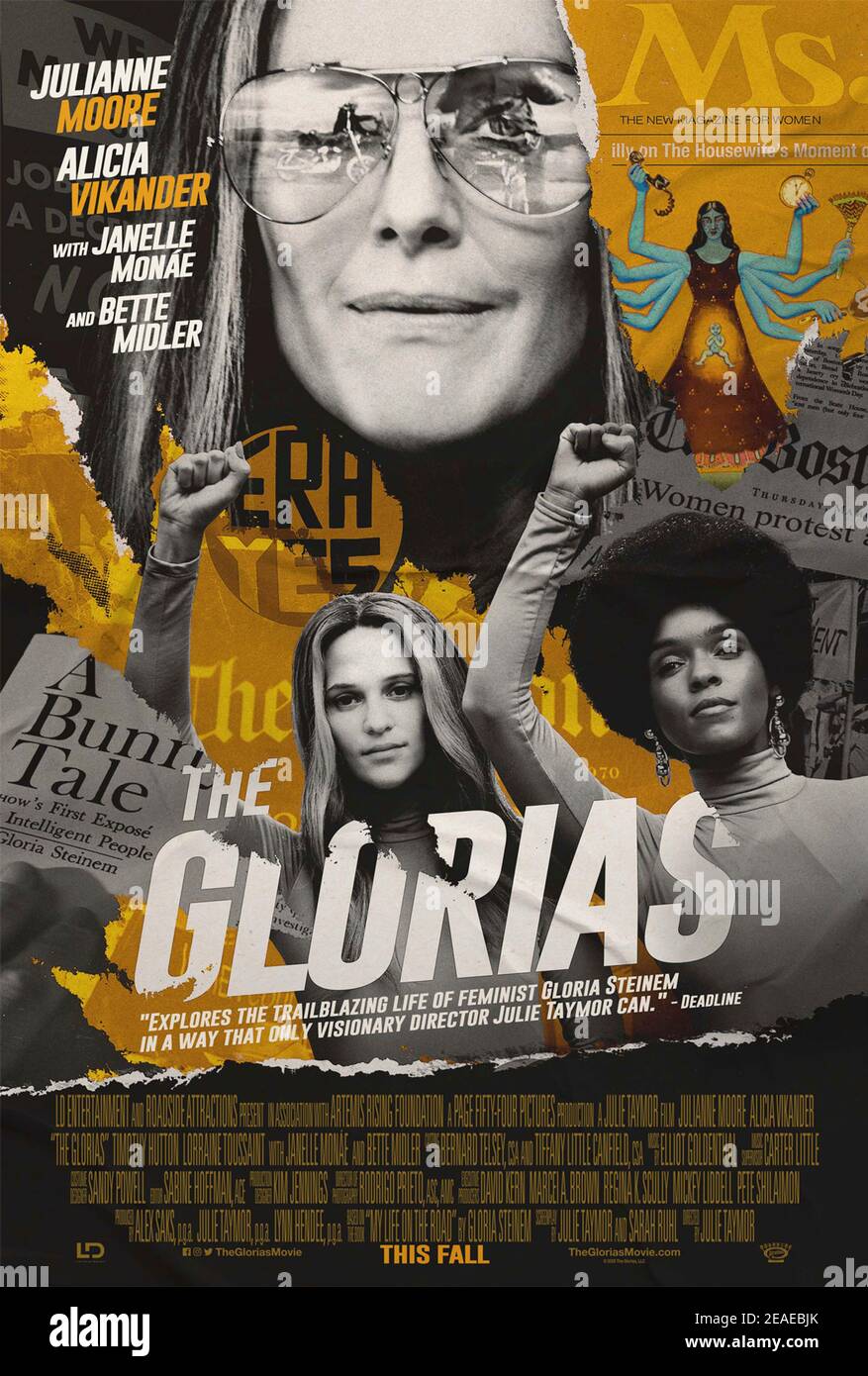 The Glorias (2020) Regie: Julie Taymor mit Julianne Moore, Alicia Vikander und Janelle Monáe. Die Geschichte der wandernden Kindheit der feministischen Ikone Gloria Steinem und deren Einfluss auf ihr Leben als Schriftstellerin, Aktivistin und Organisatorin für Frauenrechte weltweit basierend auf ihrer Autobiographie "My Life on the Road". Stockfoto