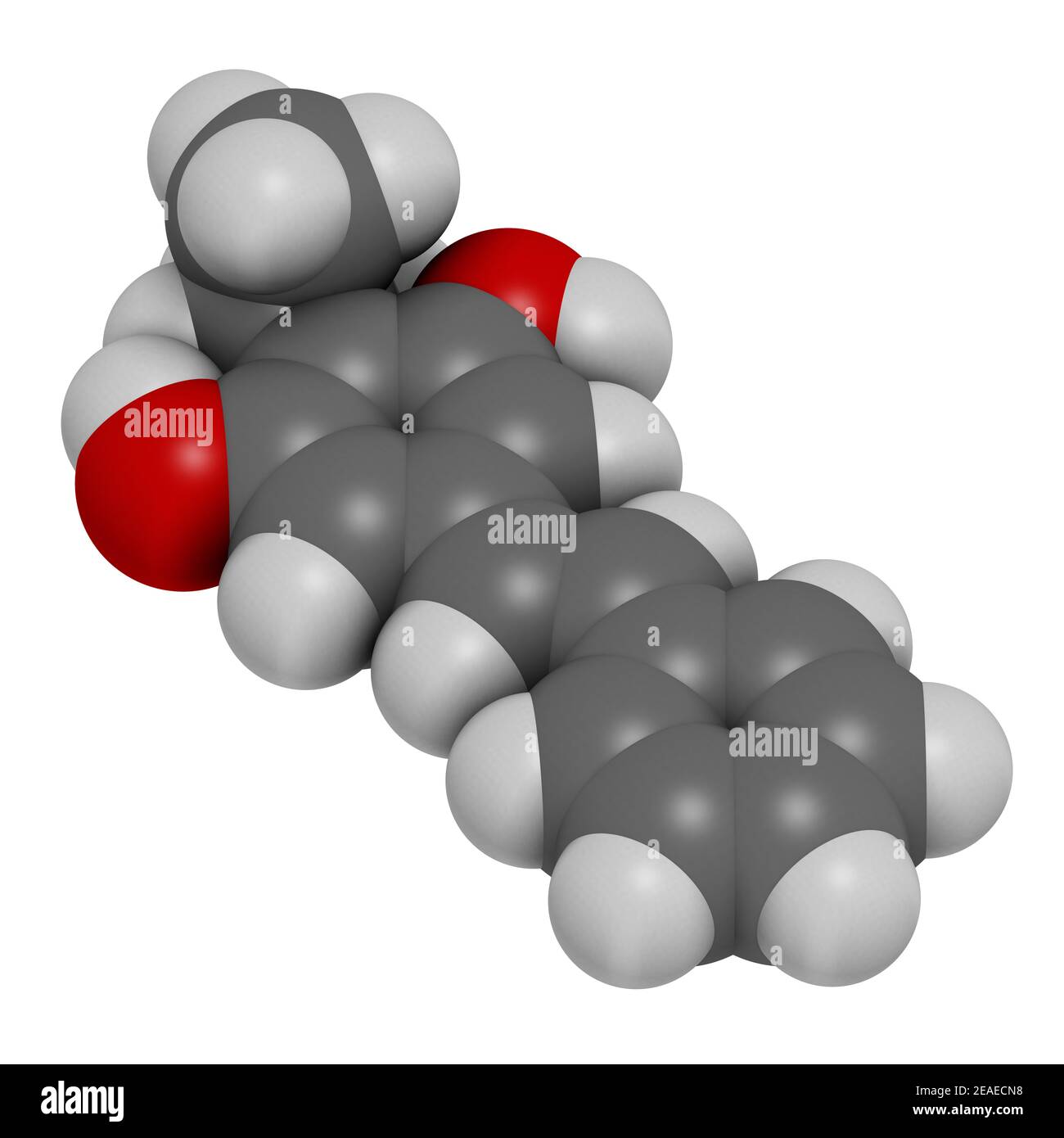 Benvitimod oder Tapinarof Psoriasis Drug Molecule. 3D Rendern. Atome werden als Kugeln mit herkömmlicher Farbkodierung dargestellt: Wasserstoff (weiß), Carb Stockfoto