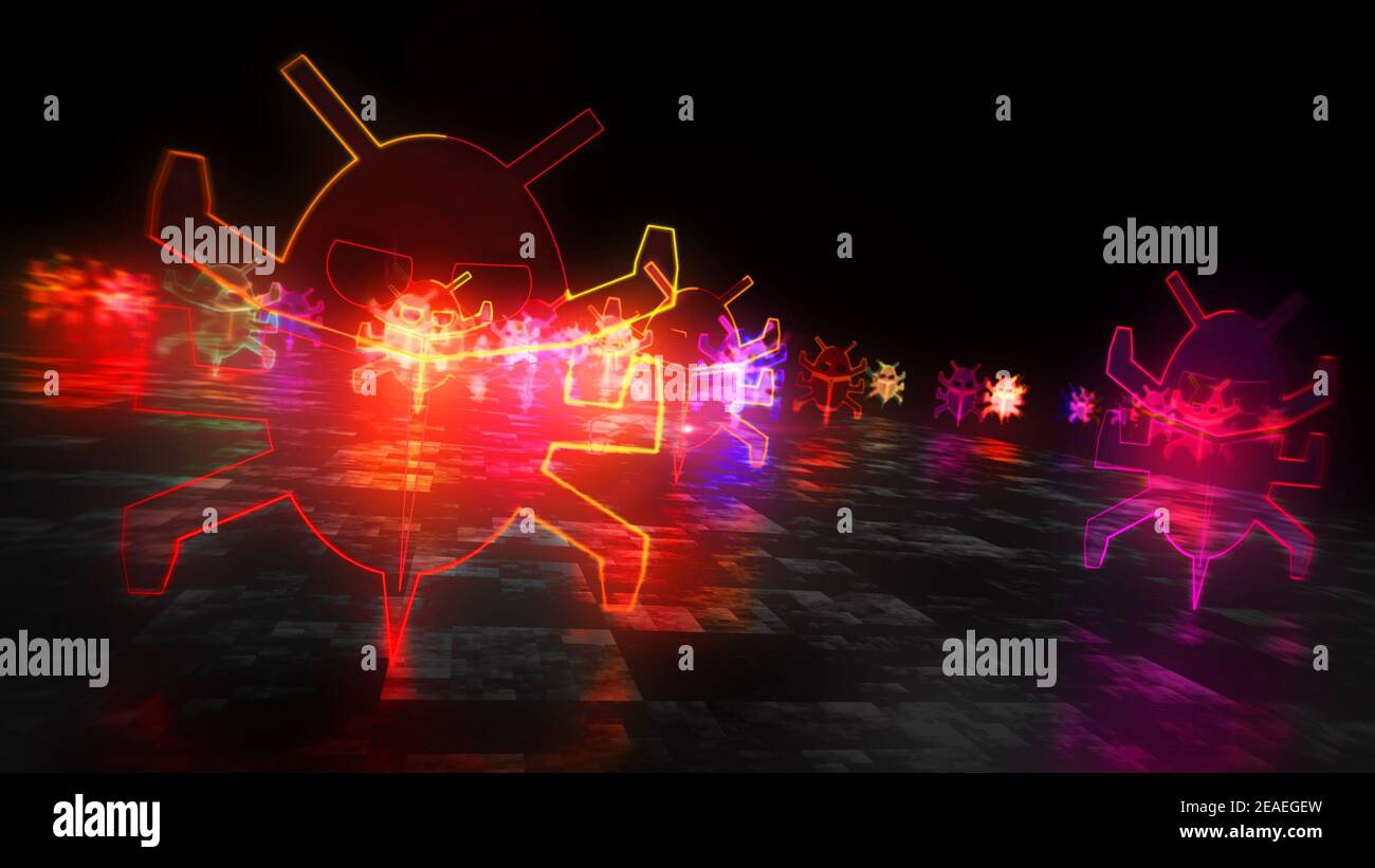 Virensymbol, Computerschutz, Cyberangriff, Virenschutz, digitaler Wurm und Bug-Symbol. Futuristisches abstraktes Konzept 3D Rendering Illustration. Stockfoto