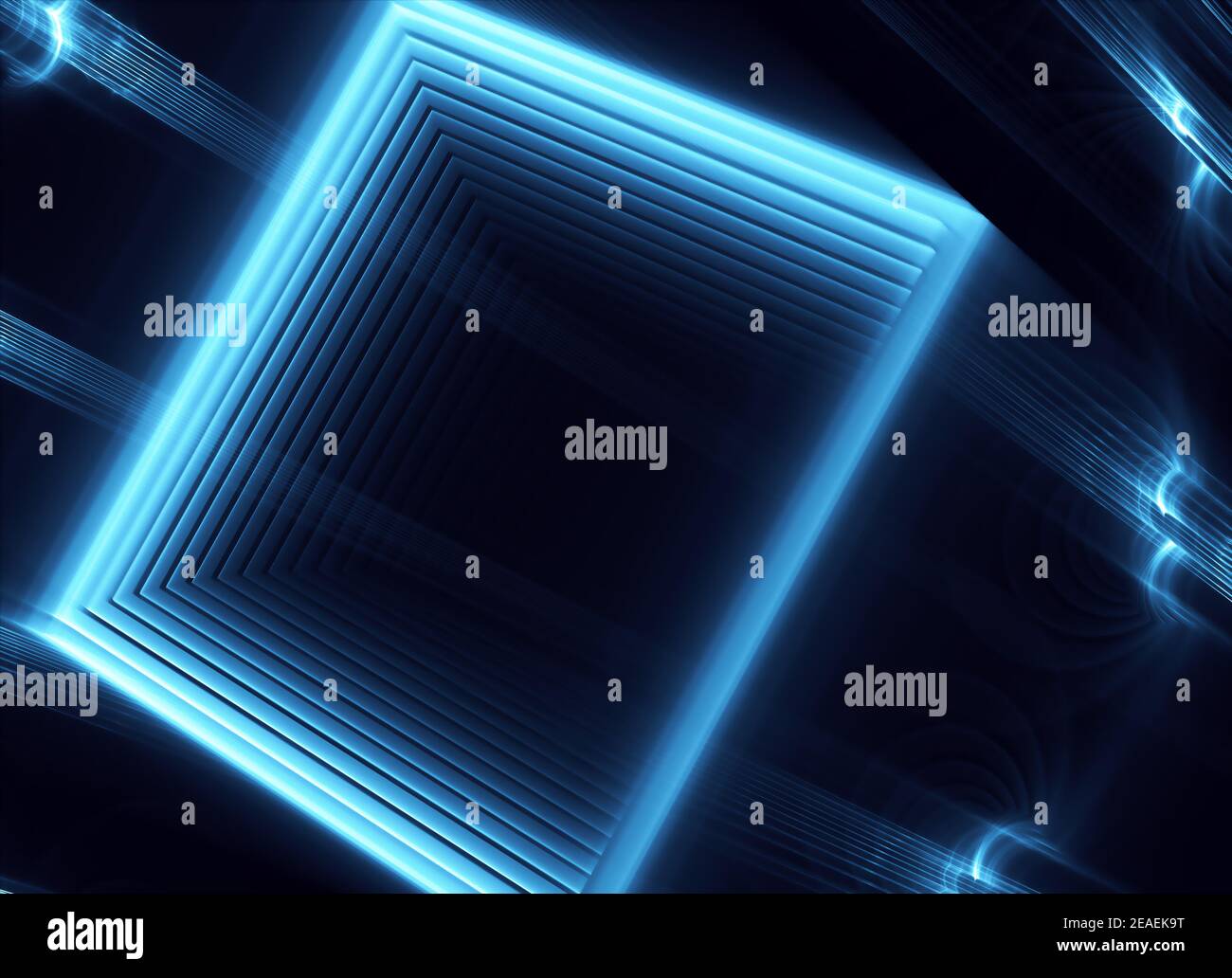 In blau ist ein technologisch strukturierter Hintergrund ein 3D Fraktal Rendering. Stockfoto