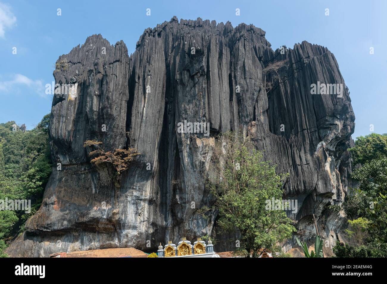 Blick auf massive und ungewöhnliche Karstfelsen oder Ausbissen bekannt als Bhairaveshwara Shikhara oder Yana Höhlen und Bhairaveshwara Tempel in Yana, Stockfoto